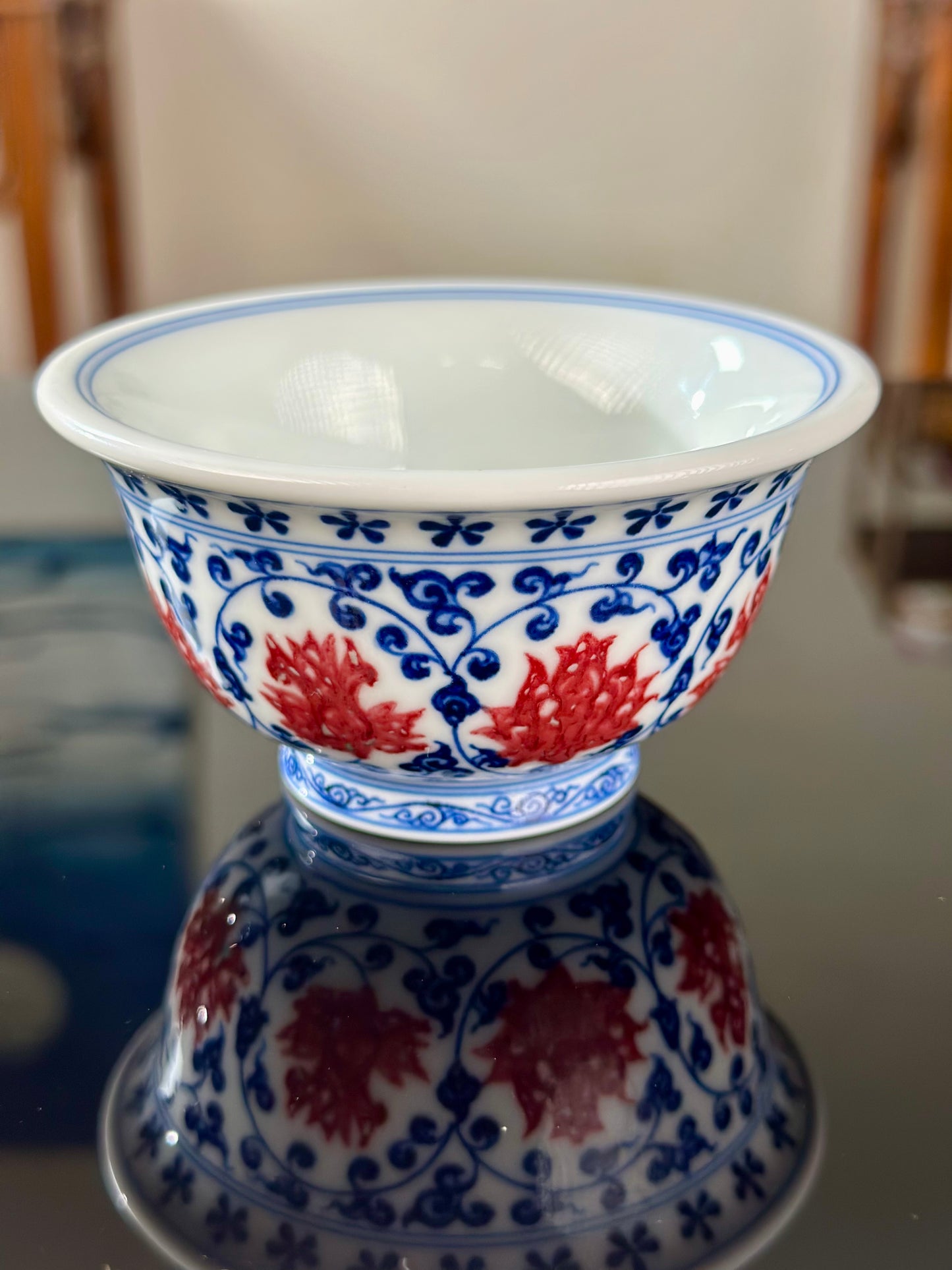 Handpainted Chinese Traditional Lotus and Twined Stem Pattern Blue and White Underglaze Red Youlihong Porcelain Jingdezhen