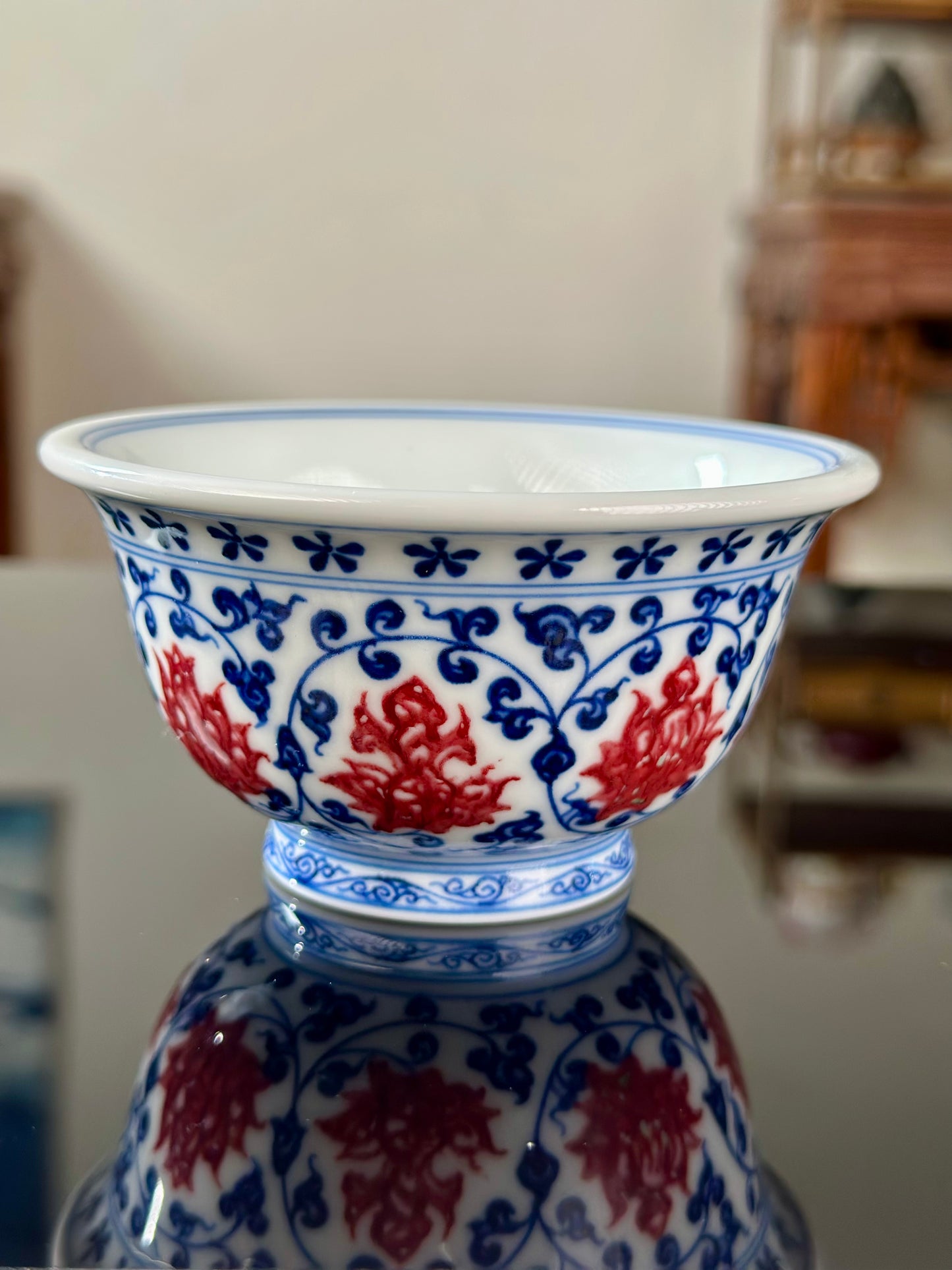 Handpainted Chinese Traditional Lotus and Twined Stem Pattern Blue and White Underglaze Red Youlihong Porcelain Jingdezhen