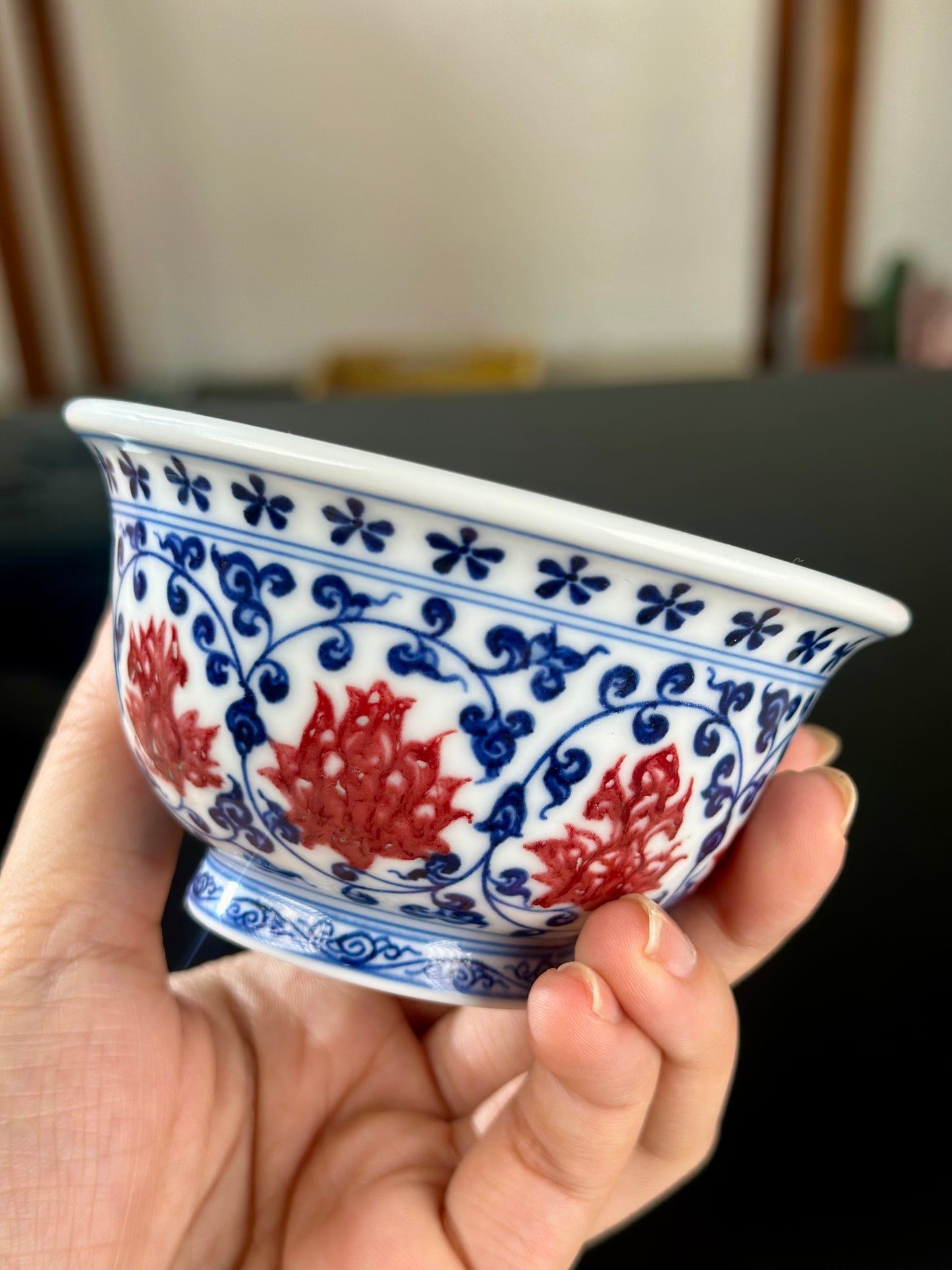 Handpainted Chinese Traditional Lotus and Twined Stem Pattern Blue and White Underglaze Red Youlihong Porcelain Jingdezhen