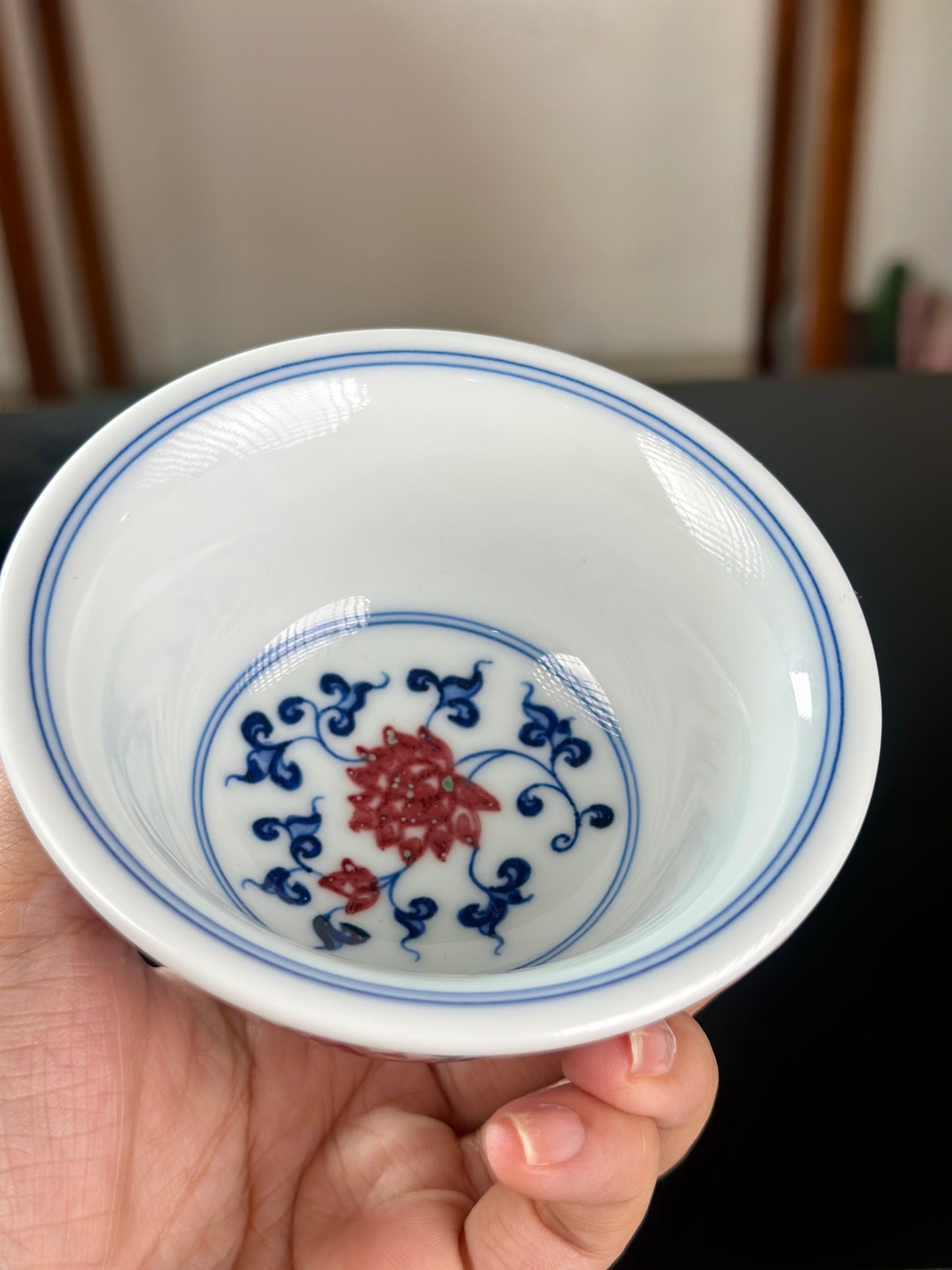 Handpainted Chinese Traditional Lotus and Twined Stem Pattern Blue and White Underglaze Red Youlihong Porcelain Jingdezhen