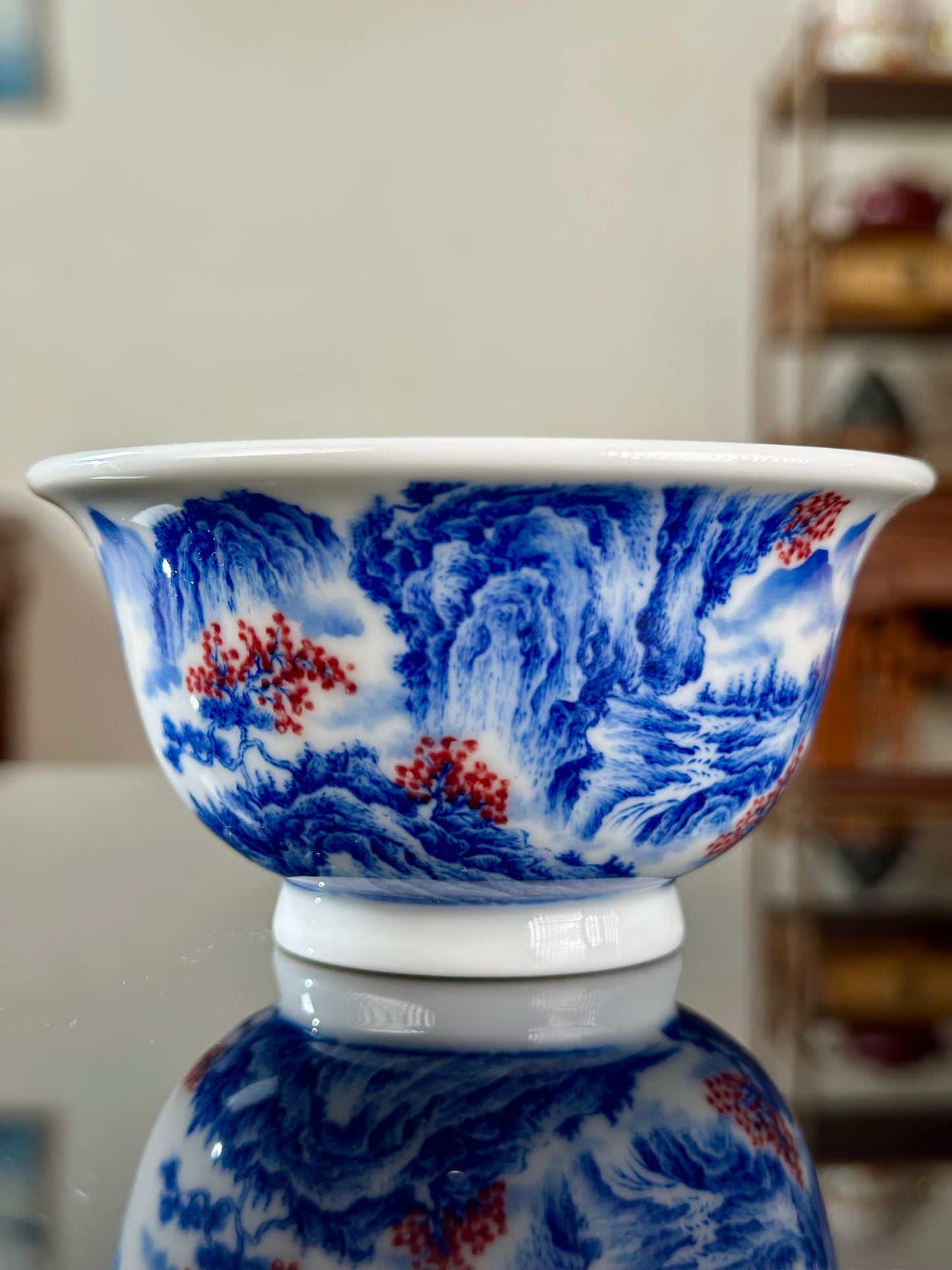 Handpainted Chinese Blue and White Underglaze Red Youlihong Porcelain Jingdezhen Mountain Landscape Pattern Teacup