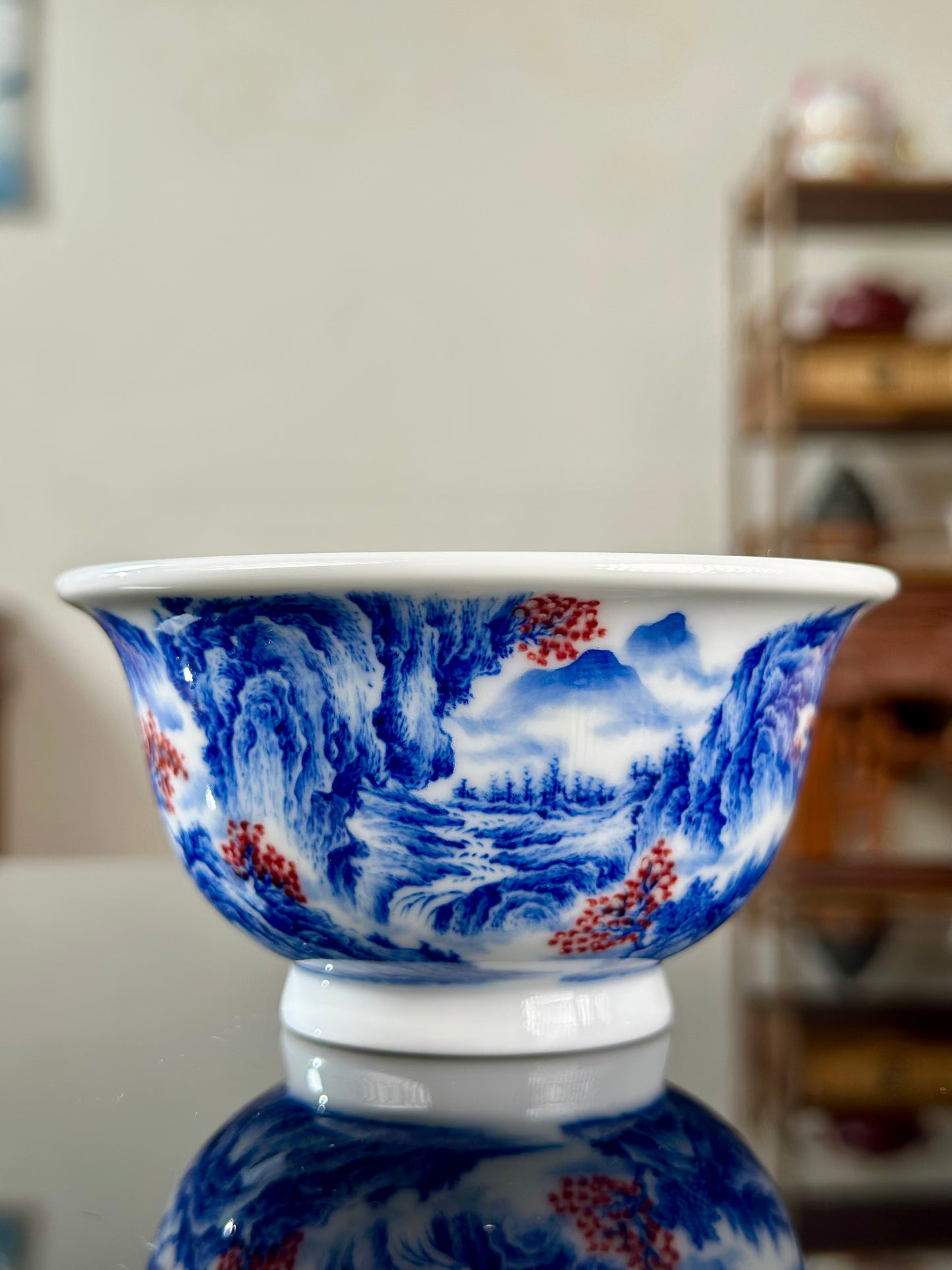 Handpainted Chinese Blue and White Underglaze Red Youlihong Porcelain Jingdezhen Mountain Landscape Pattern Teacup