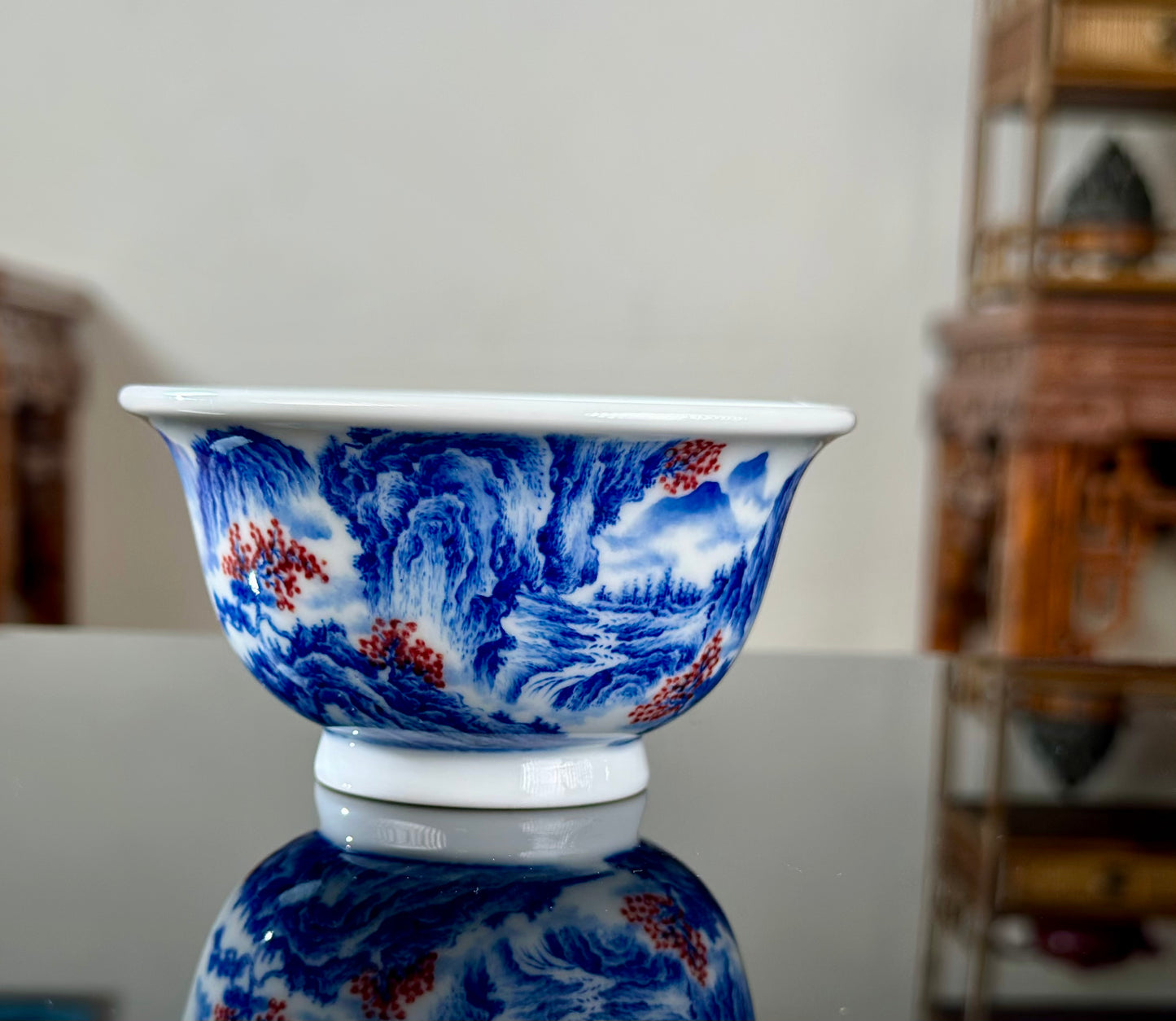 Handpainted Chinese Blue and White Underglaze Red Youlihong Porcelain Jingdezhen Mountain Landscape Pattern Teacup