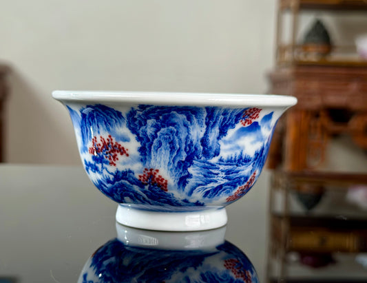 Handpainted Chinese Blue and White Underglaze Red Youlihong Porcelain Jingdezhen Mountain Landscape Pattern Teacup