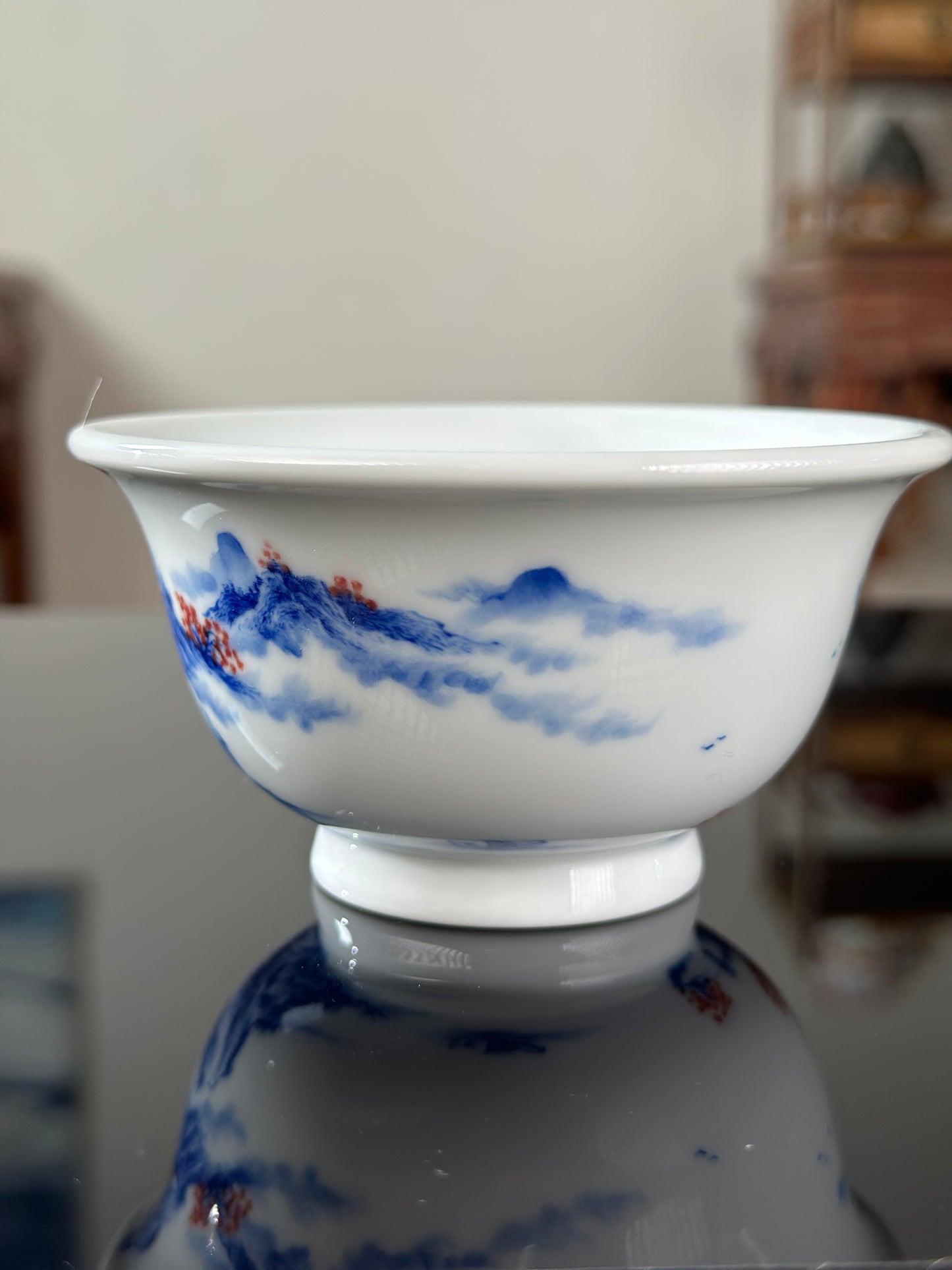 Handpainted Chinese Blue and White Underglaze Red Youlihong Porcelain Jingdezhen Mountain Landscape Pattern Teacup