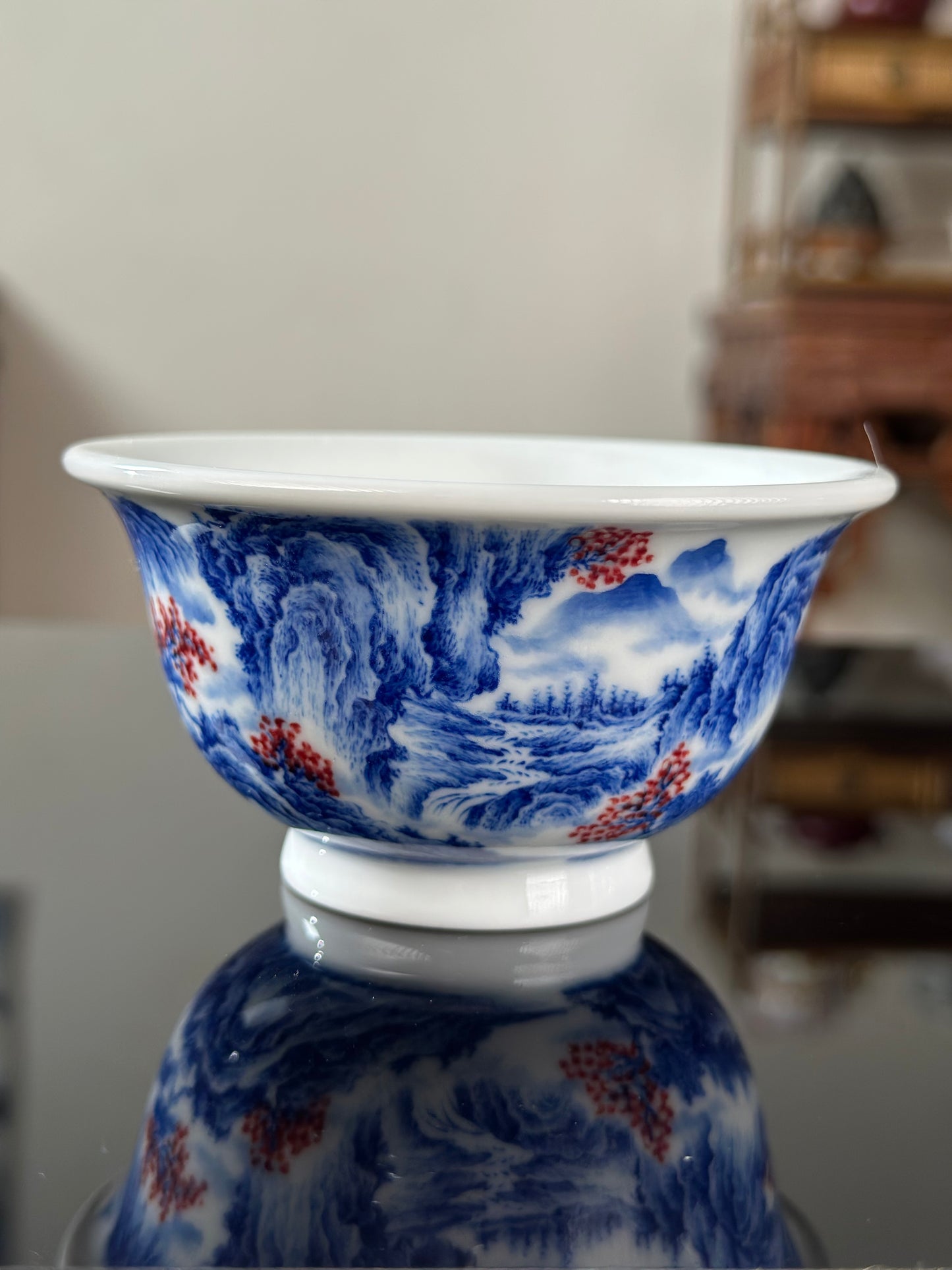 Handpainted Chinese Blue and White Underglaze Red Youlihong Porcelain Jingdezhen Mountain Landscape Pattern Teacup