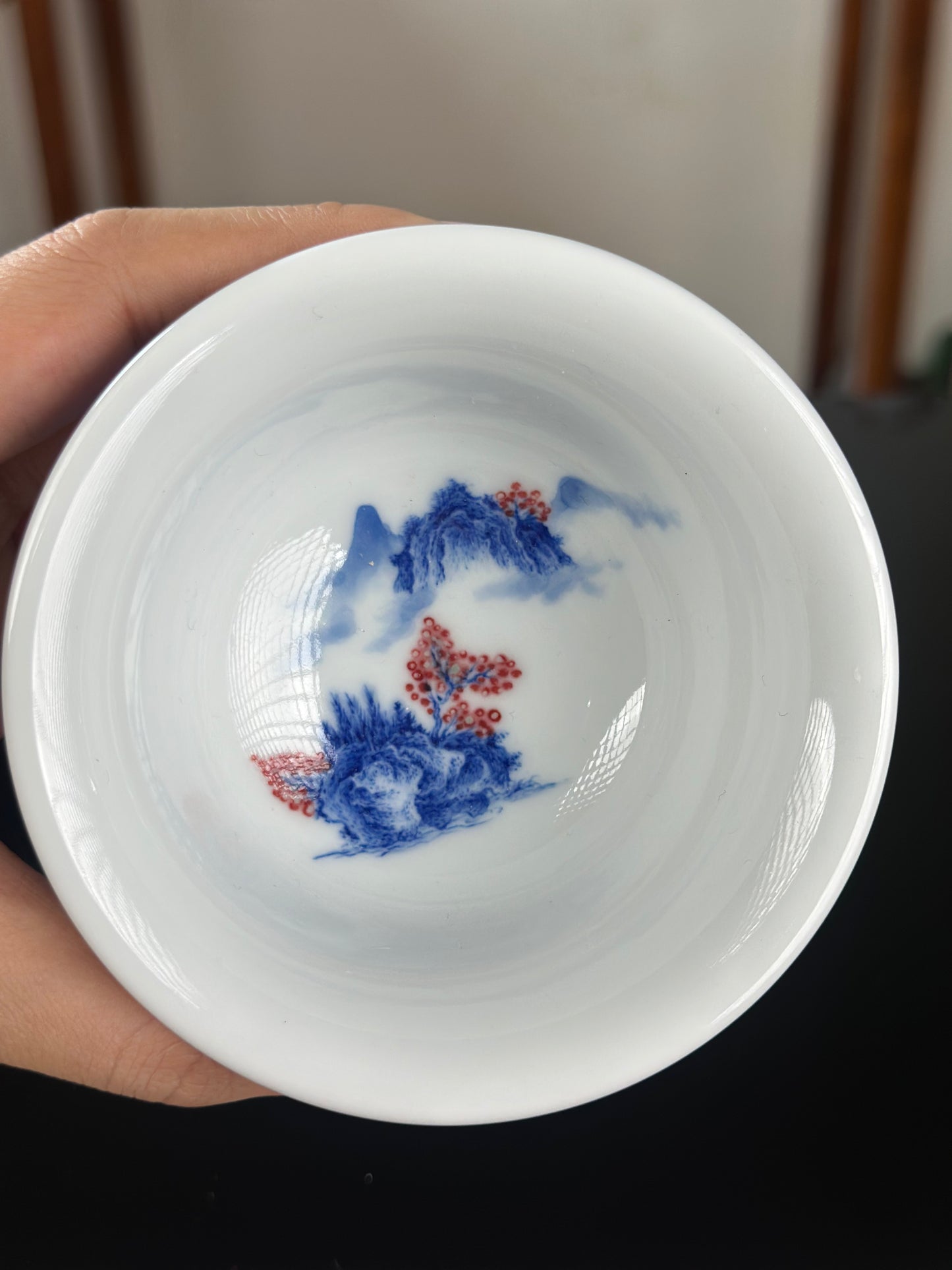 Handpainted Chinese Blue and White Underglaze Red Youlihong Porcelain Jingdezhen Mountain Landscape Pattern Teacup
