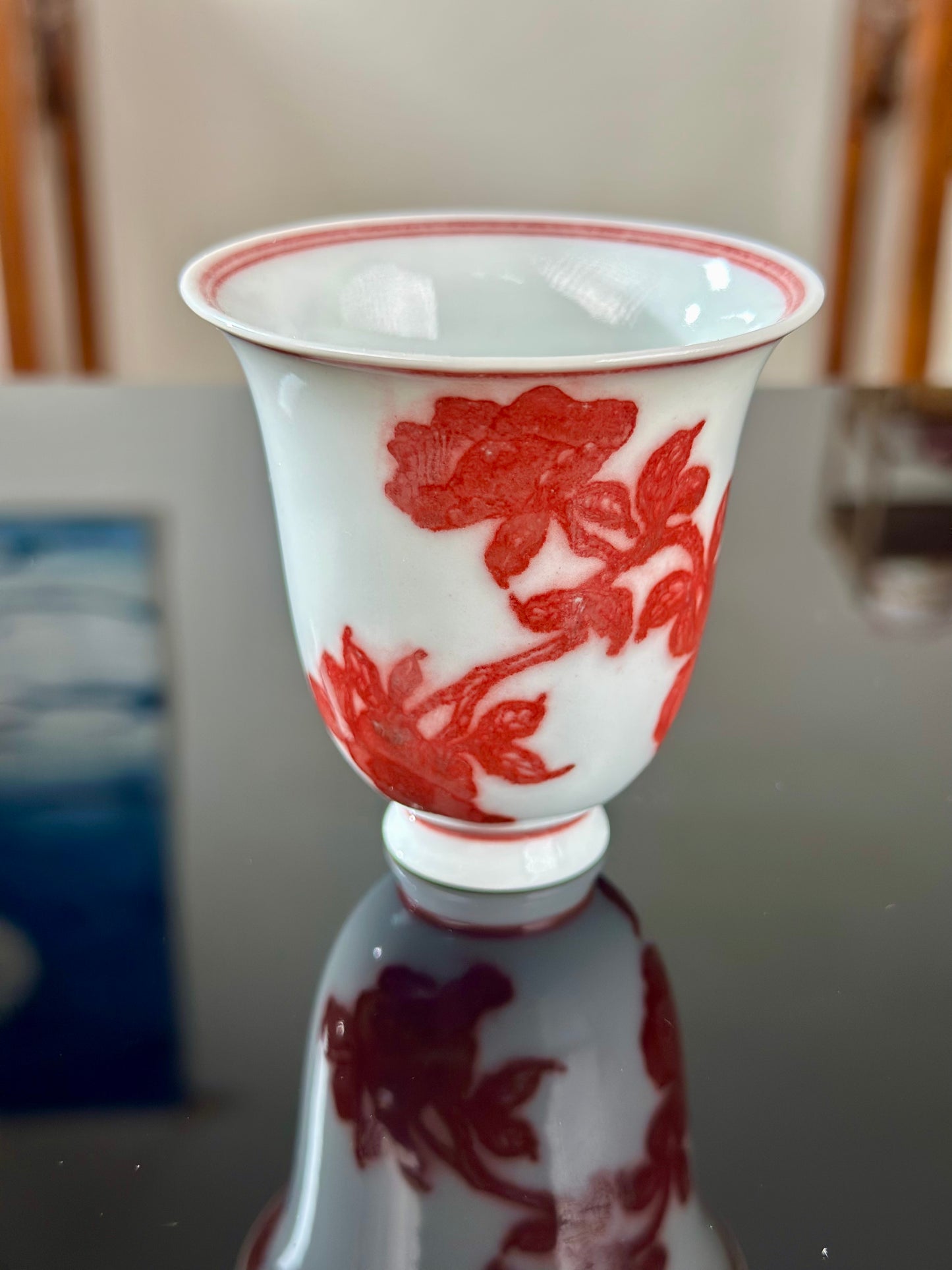 Handpainted Chinese  Underglaze Red Youlihong Porcelain Jingdezhen Traditional Lotus with Twined Stem Pattern Teacup