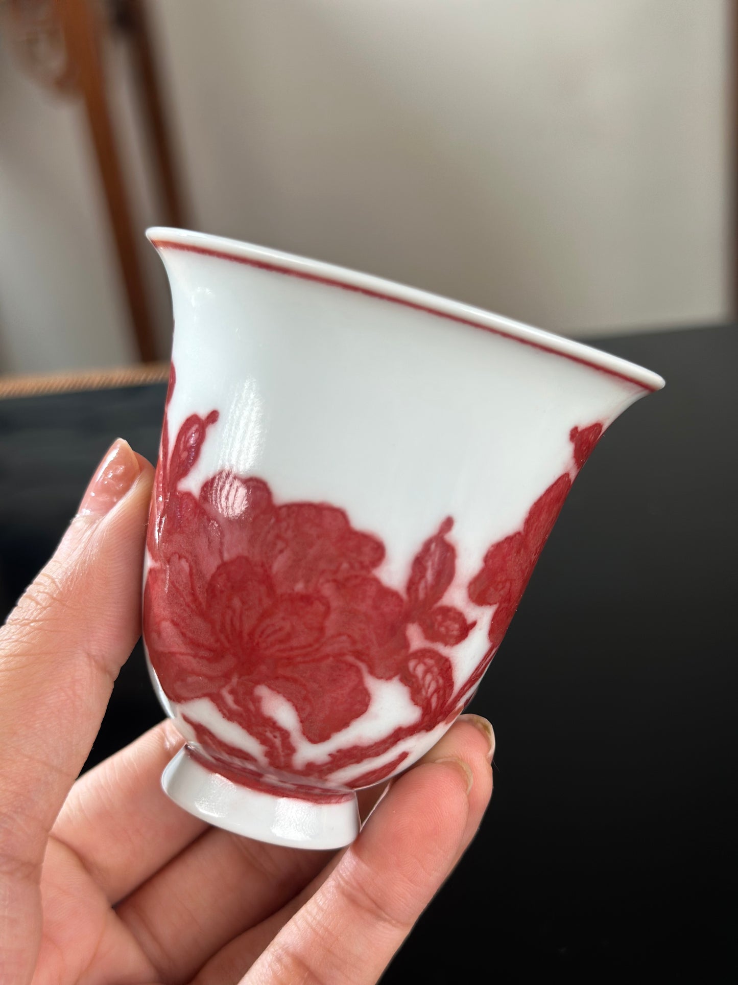 Handpainted Chinese  Underglaze Red Youlihong Porcelain Jingdezhen Traditional Lotus with Twined Stem Pattern Teacup