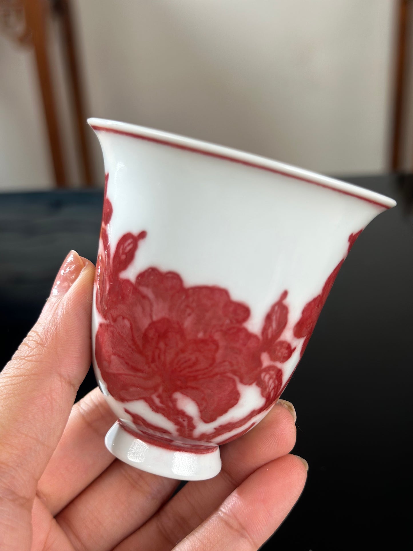 Handpainted Chinese  Underglaze Red Youlihong Porcelain Jingdezhen Traditional Lotus with Twined Stem Pattern Teacup