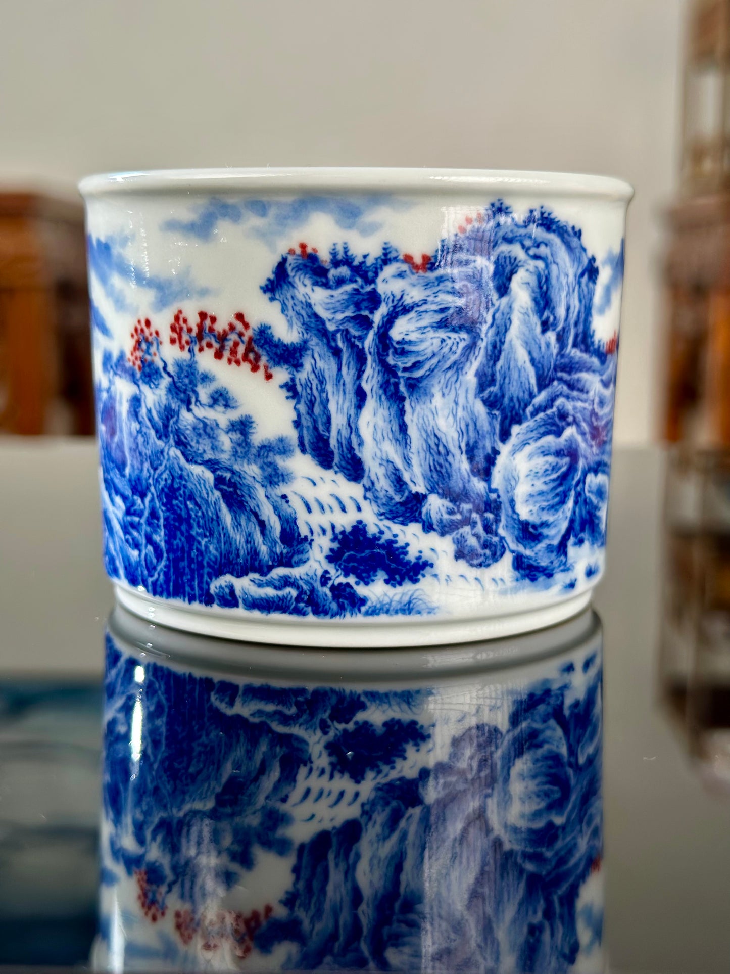 Handpainted Chinese Blue and White Underglaze Red Youlihong Porcelain Jingdezhen Mountain Landscape Pattern Teacup