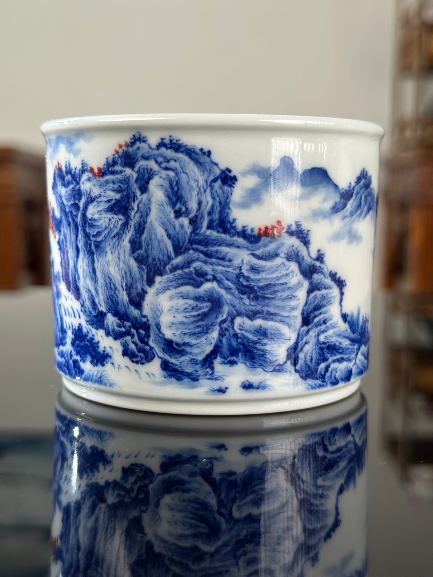 Handpainted Chinese Blue and White Underglaze Red Youlihong Porcelain Jingdezhen Mountain Landscape Pattern Teacup