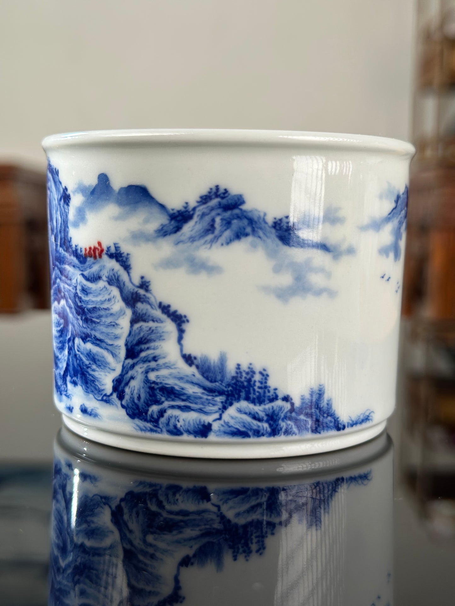 Handpainted Chinese Blue and White Underglaze Red Youlihong Porcelain Jingdezhen Mountain Landscape Pattern Teacup