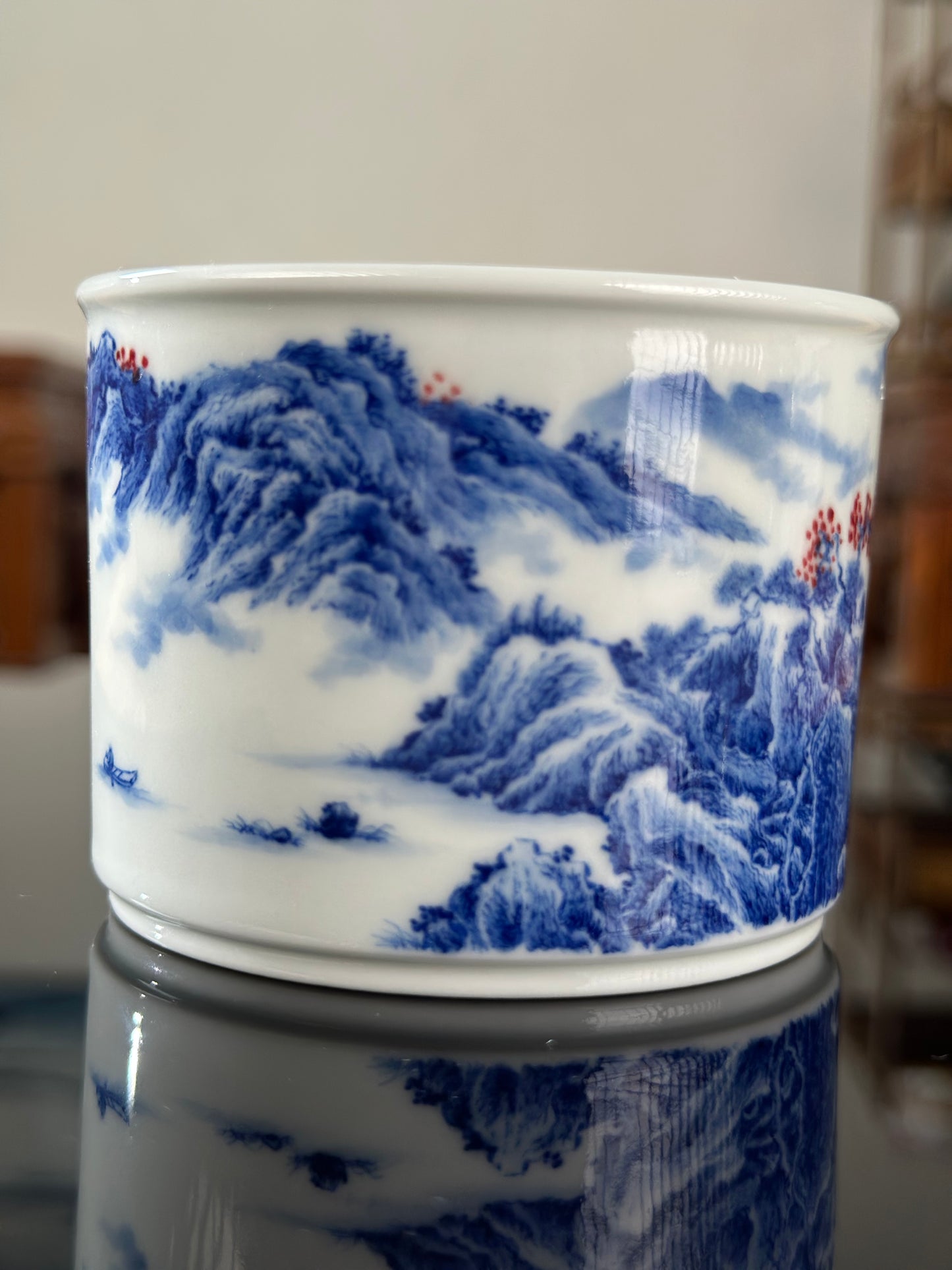 Handpainted Chinese Blue and White Underglaze Red Youlihong Porcelain Jingdezhen Mountain Landscape Pattern Teacup