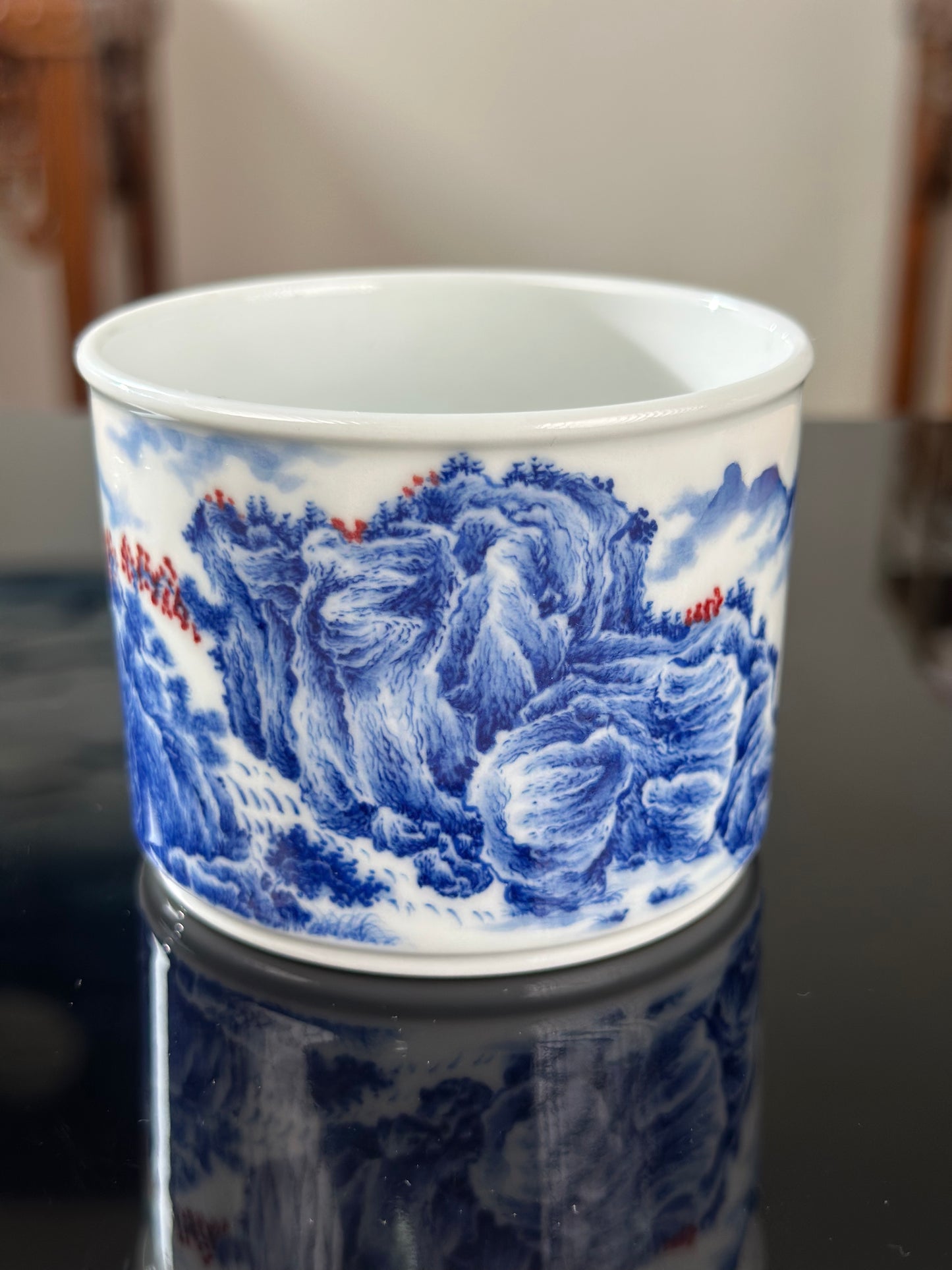 Handpainted Chinese Blue and White Underglaze Red Youlihong Porcelain Jingdezhen Mountain Landscape Pattern Teacup
