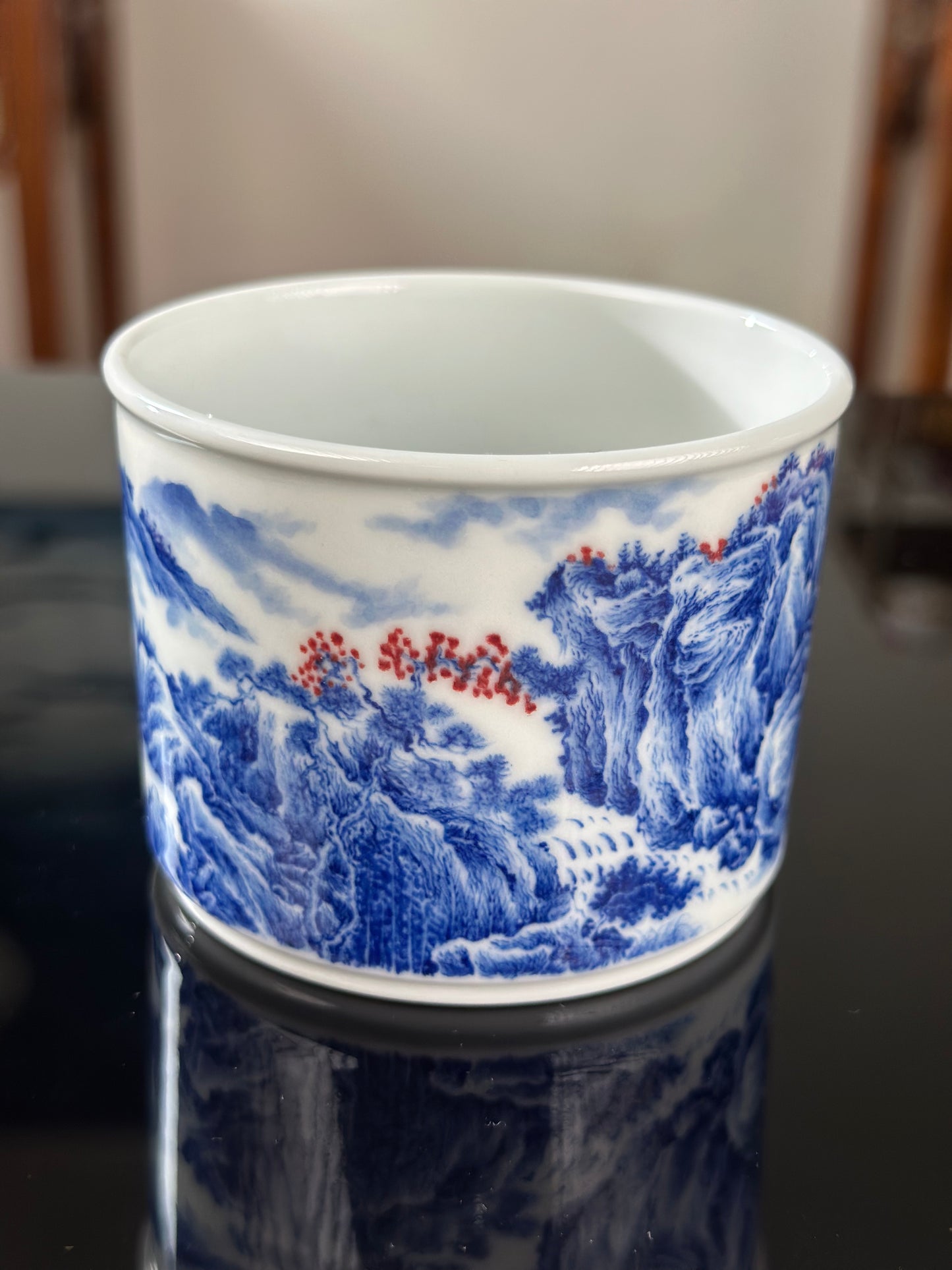 Handpainted Chinese Blue and White Underglaze Red Youlihong Porcelain Jingdezhen Mountain Landscape Pattern Teacup