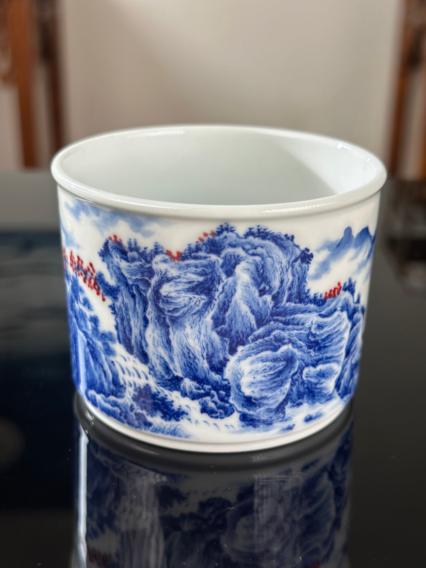Handpainted Chinese Blue and White Underglaze Red Youlihong Porcelain Jingdezhen Mountain Landscape Pattern Teacup