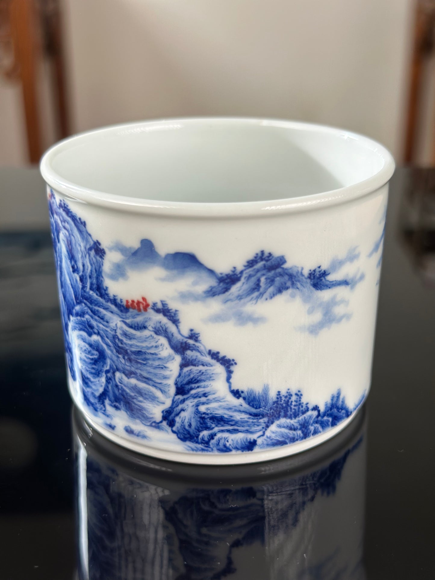 Handpainted Chinese Blue and White Underglaze Red Youlihong Porcelain Jingdezhen Mountain Landscape Pattern Teacup