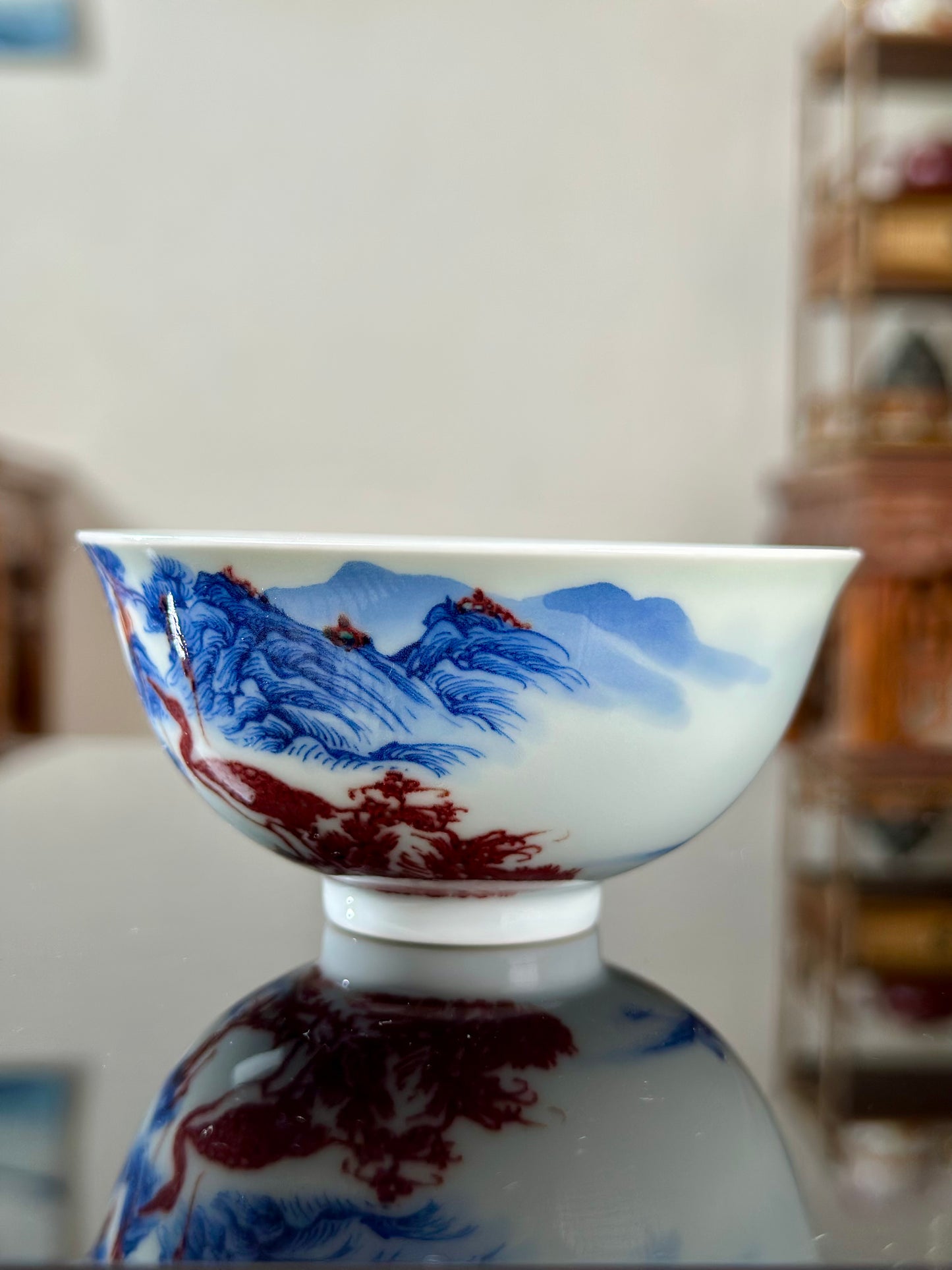 Hand Painted Chinese Landscape Blue and White Porcelain Underglaze Red Porecelain Teacup Jingdezhen Master Ceramic Artwork