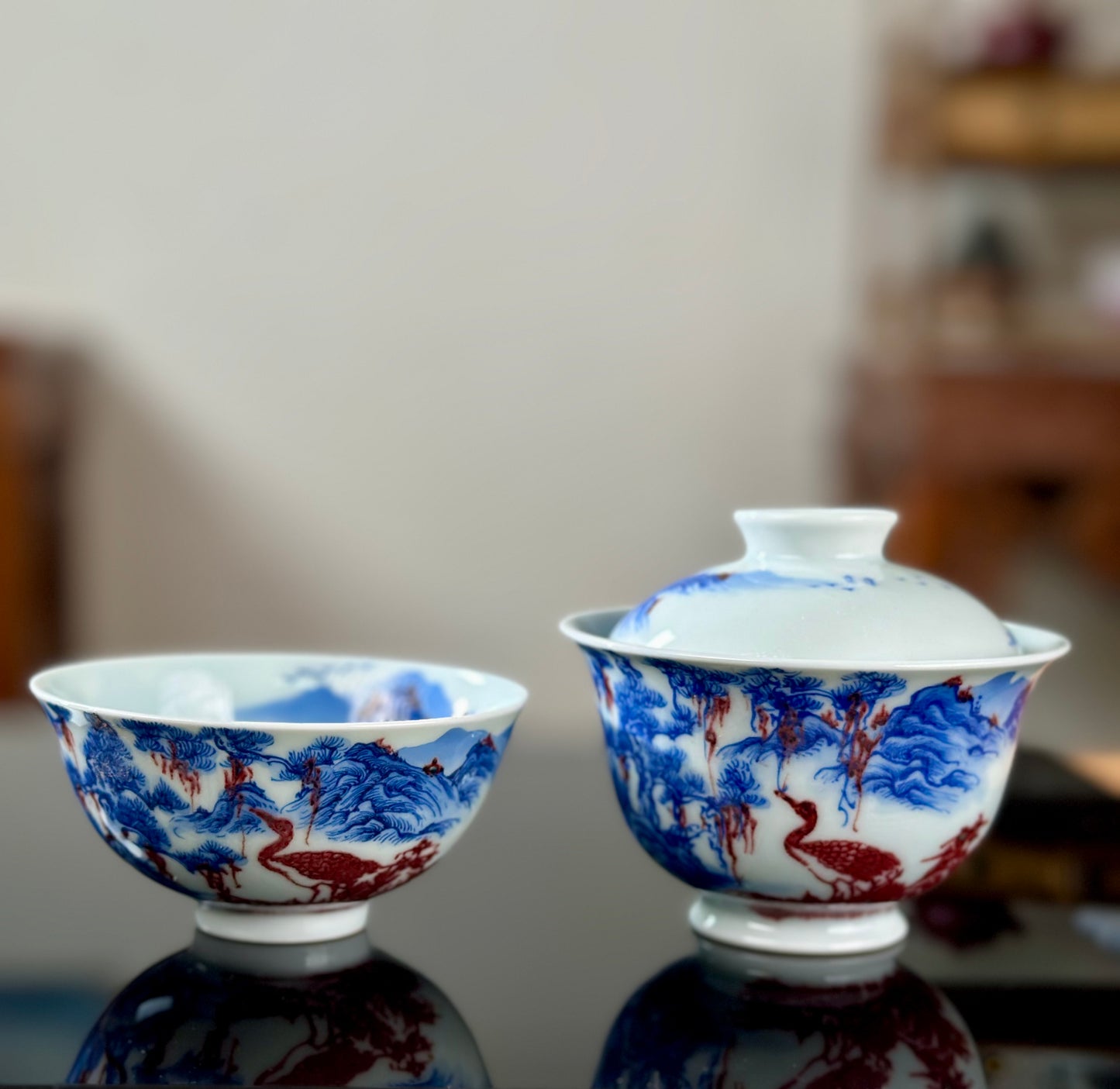 Hand Painted Chinese Landscape Blue and White Porcelain Underglaze Red Porecelain Teacup Jingdezhen Master Ceramic Artwork