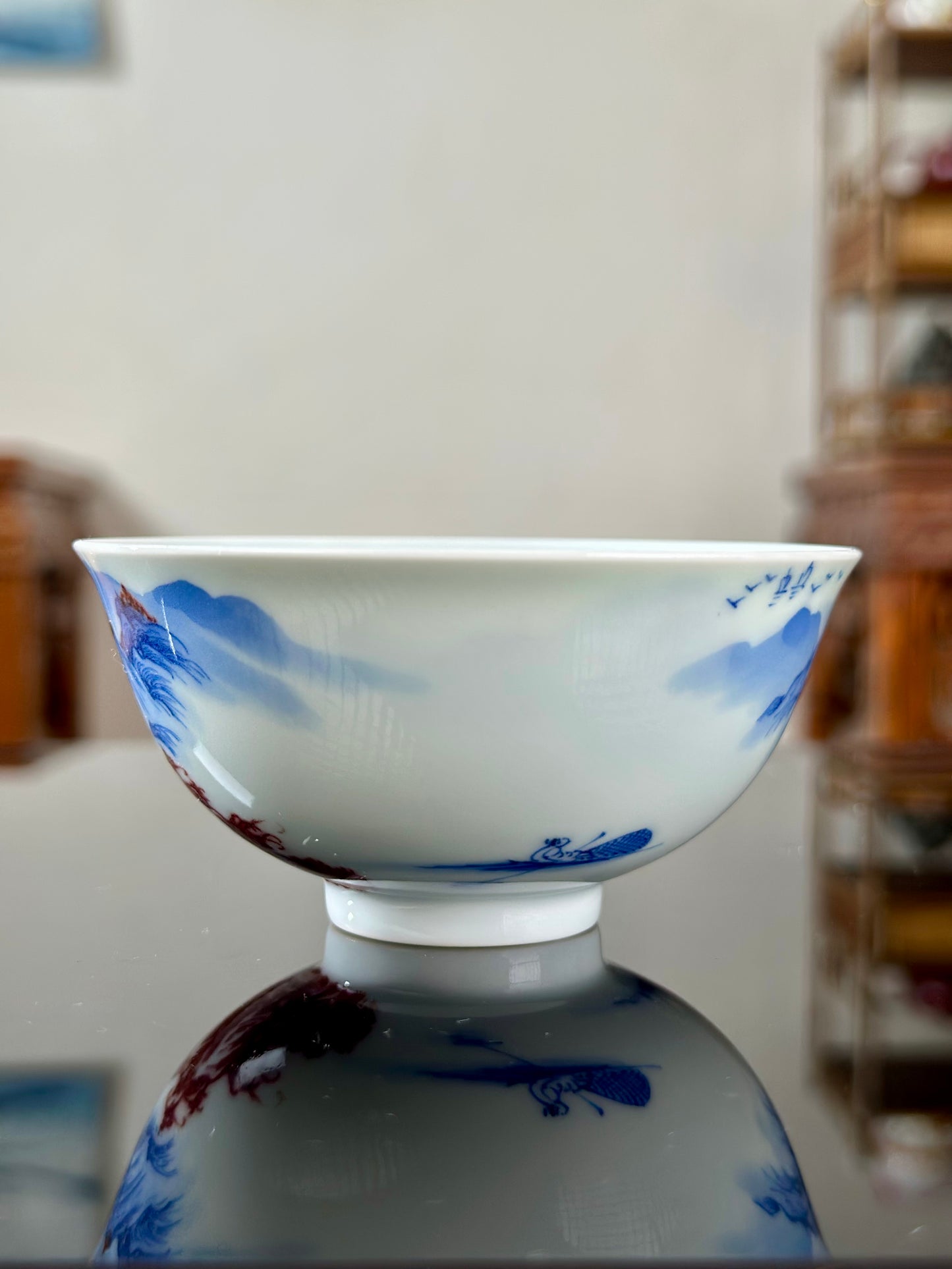 Hand Painted Chinese Landscape Blue and White Porcelain Underglaze Red Porecelain Teacup Jingdezhen Master Ceramic Artwork
