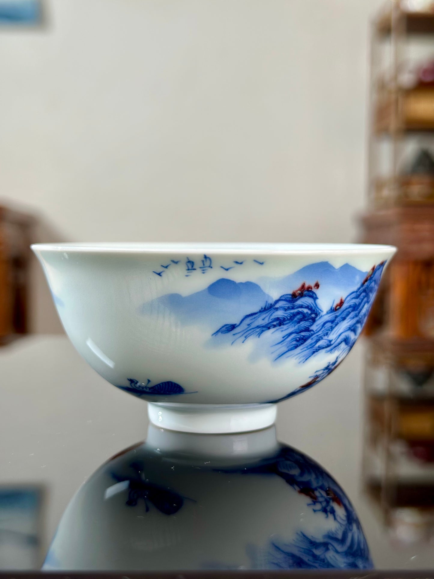 Hand Painted Chinese Landscape Blue and White Porcelain Underglaze Red Porecelain Teacup Jingdezhen Master Ceramic Artwork