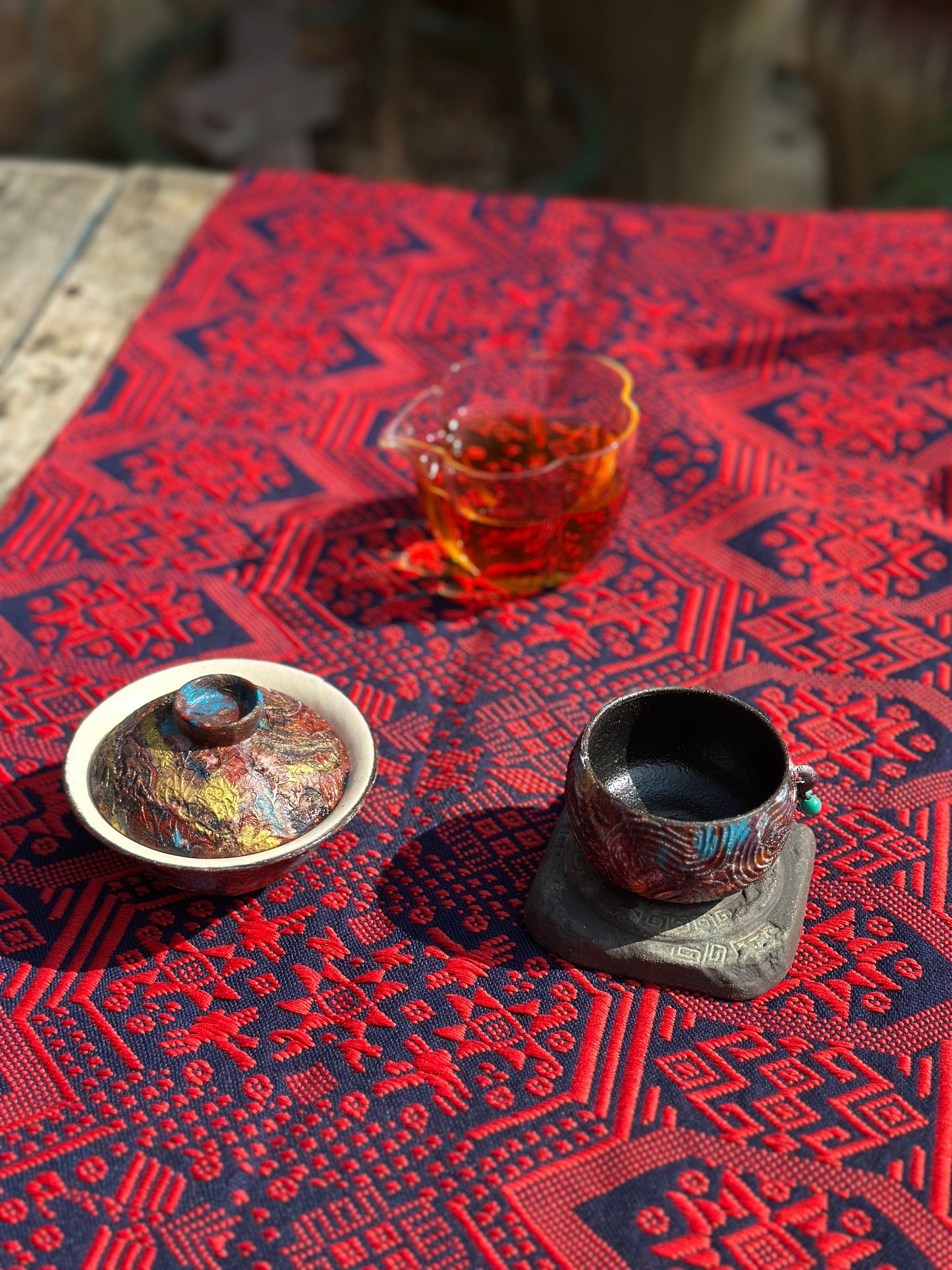 High-end Handcrafted Orange Red Blue Phoenix Dragon Pattern Chinese Zhuang Brocade Silk Cloth Scarf Tea Table Cloth