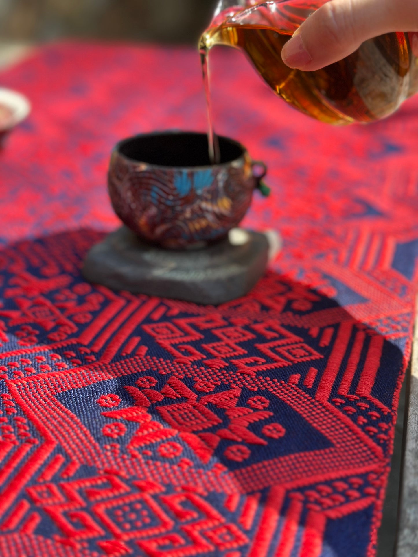 High-end Handcrafted Orange Red Blue Phoenix Dragon Pattern Chinese Zhuang Brocade Silk Cloth Scarf Tea Table Cloth
