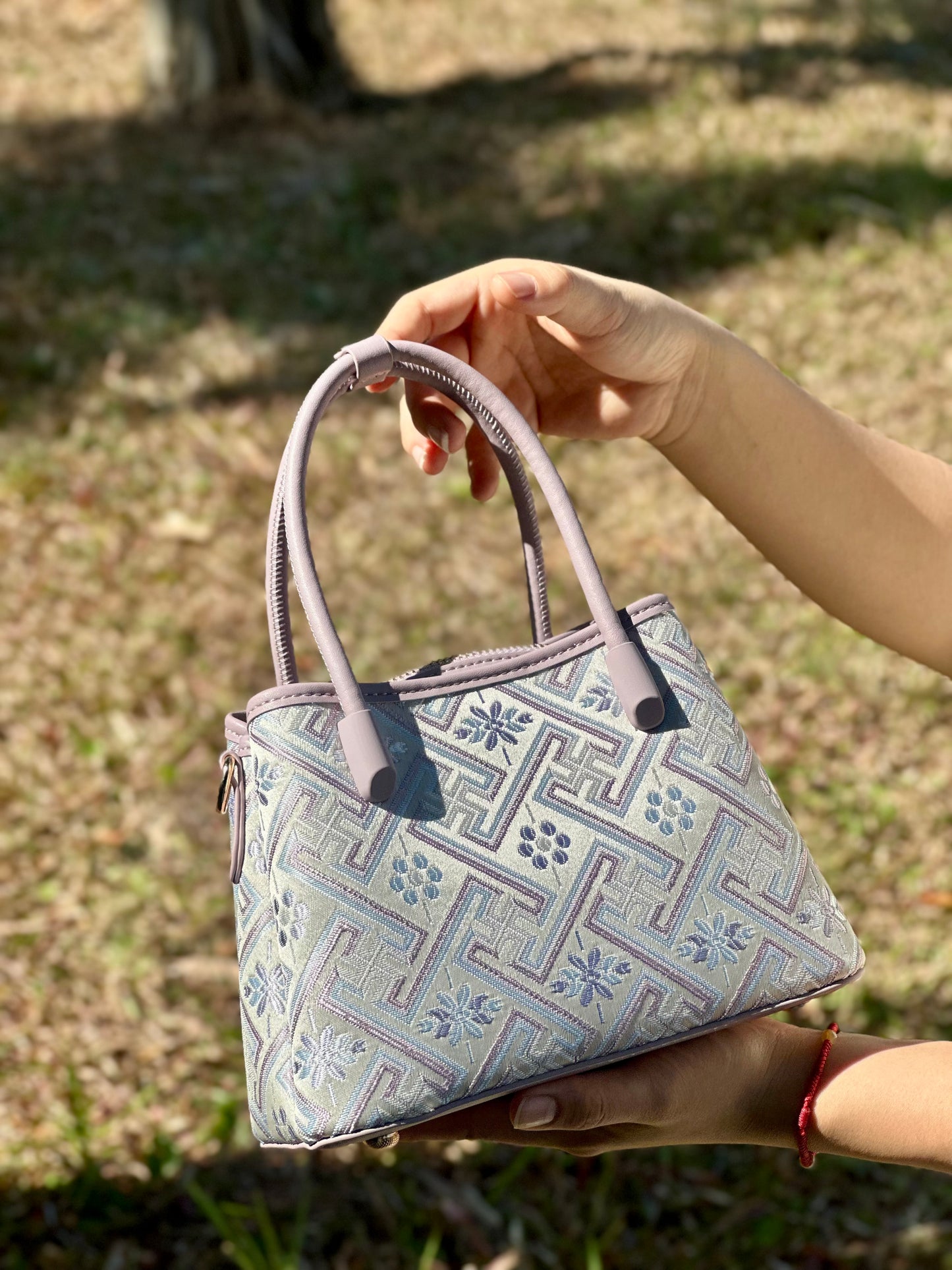 Handmade Chinese High-class Zhuang Brocade Wanji Pattern Classic Purple Handle Bag