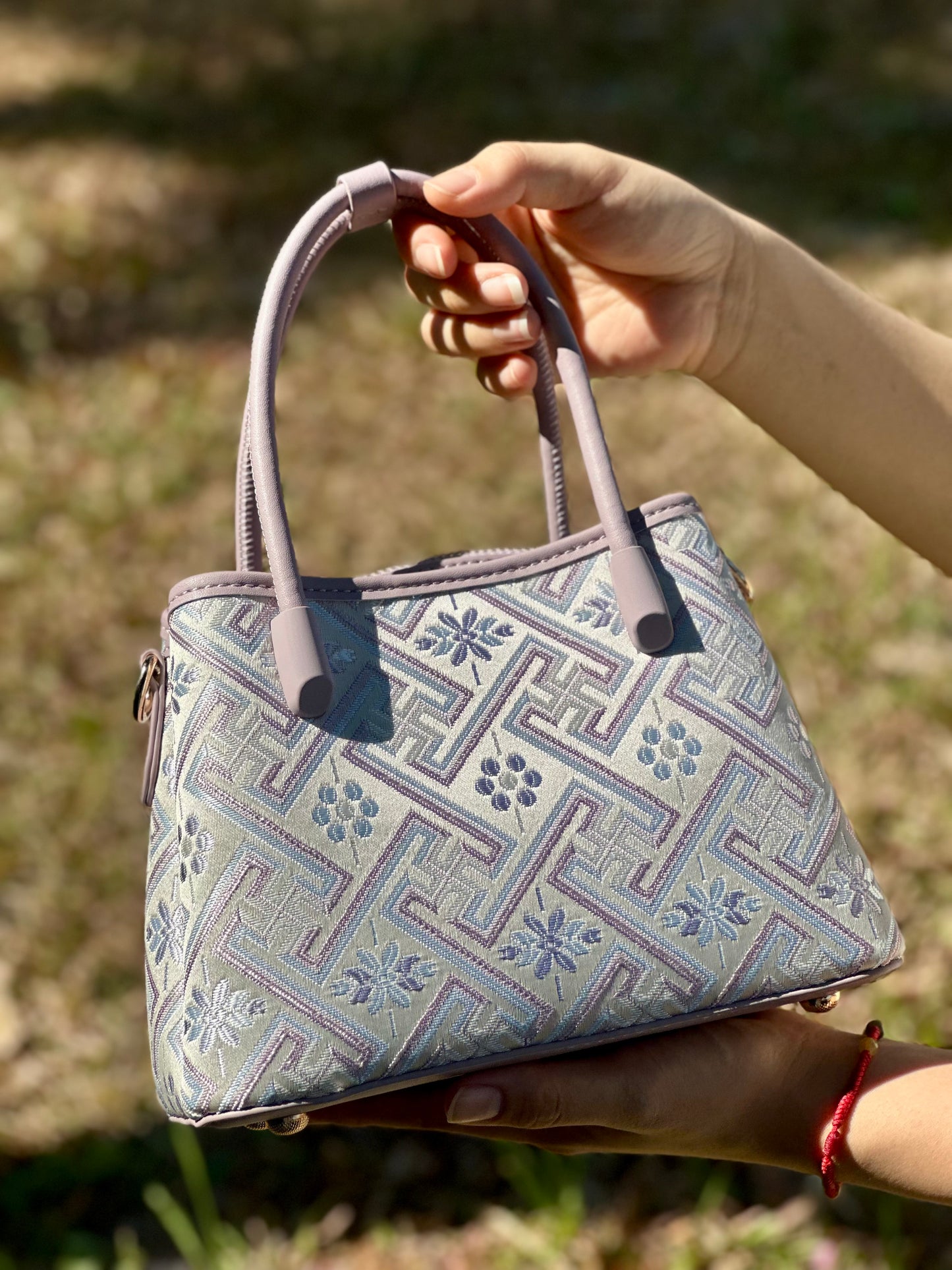 Handmade Chinese High-class Zhuang Brocade Wanji Pattern Classic Purple Handle Bag