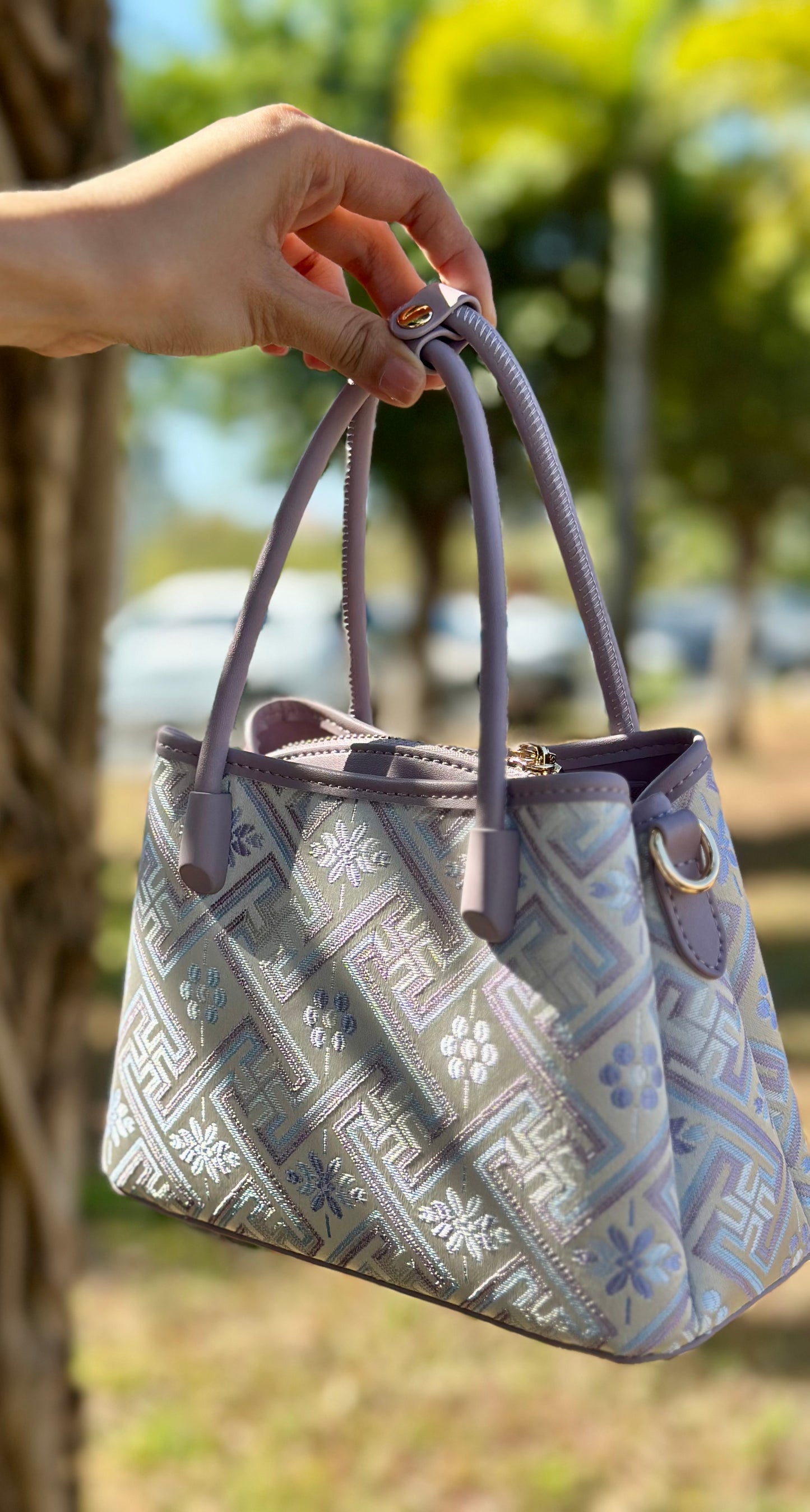 Handmade Chinese High-class Zhuang Brocade Wanji Pattern Classic Purple Handle Bag