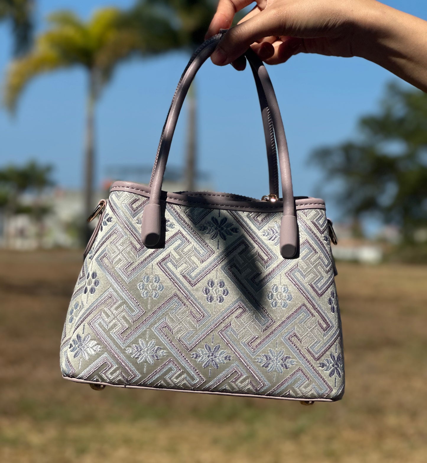 Handmade Chinese High-class Zhuang Brocade Wanji Pattern Classic Purple Handle Bag