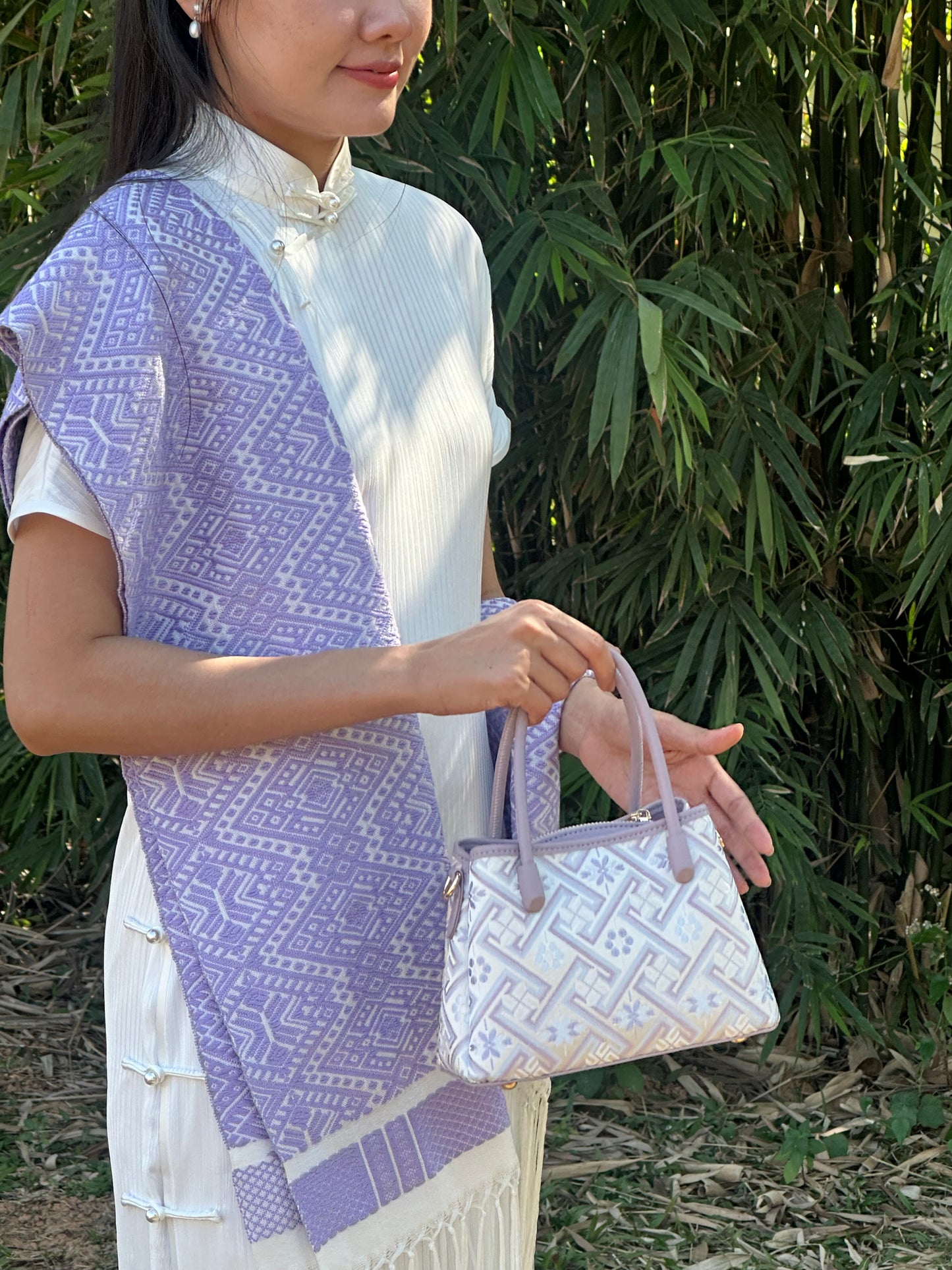 Handmade Chinese High-class Zhuang Brocade Wanji Pattern Classic Purple Handle Bag