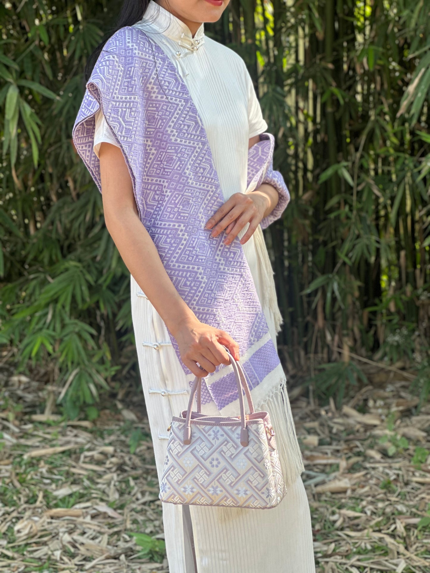 Handmade Chinese High-class Zhuang Brocade Wanji Pattern Classic Purple Handle Bag