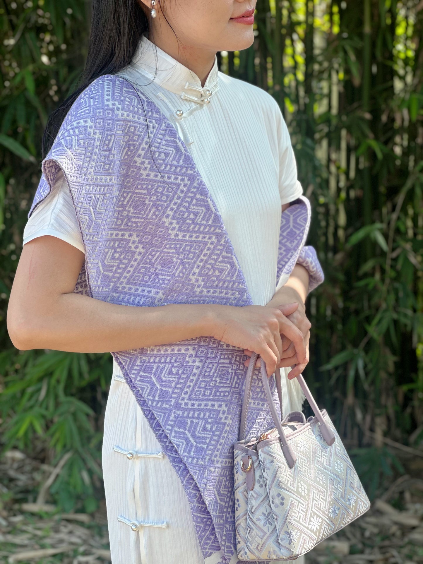 Handmade Chinese High-class Zhuang Brocade Wanji Pattern Classic Purple Handle Bag