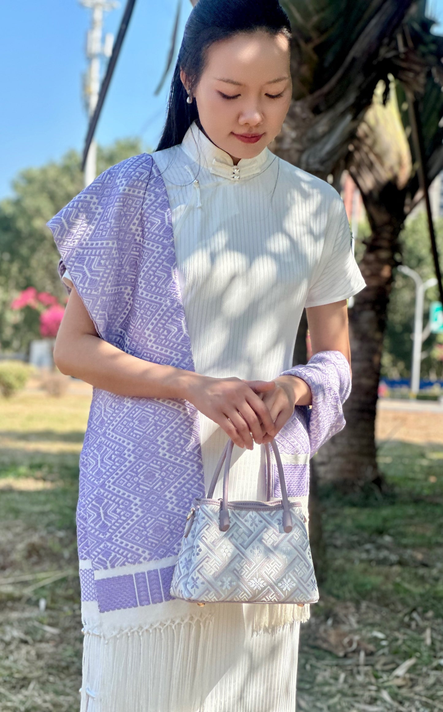 Handmade Chinese High-class Zhuang Brocade Wanji Pattern Classic Purple Handle Bag