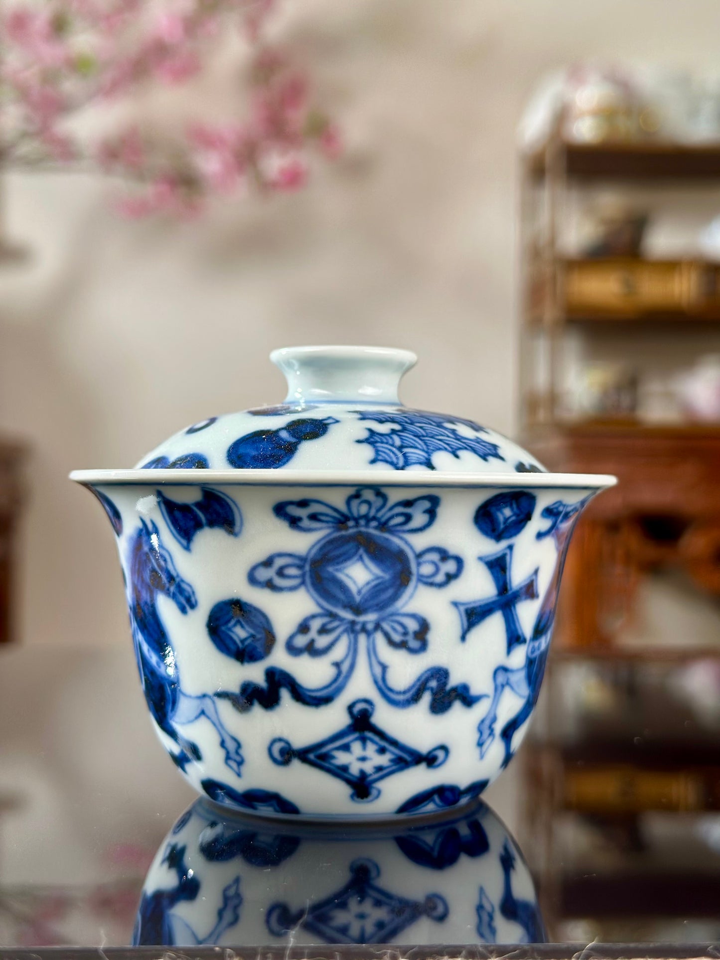 Handpainted Chinese Horse Pattern Blue White Porcelain Jingdezhen Gaiwan Teapot