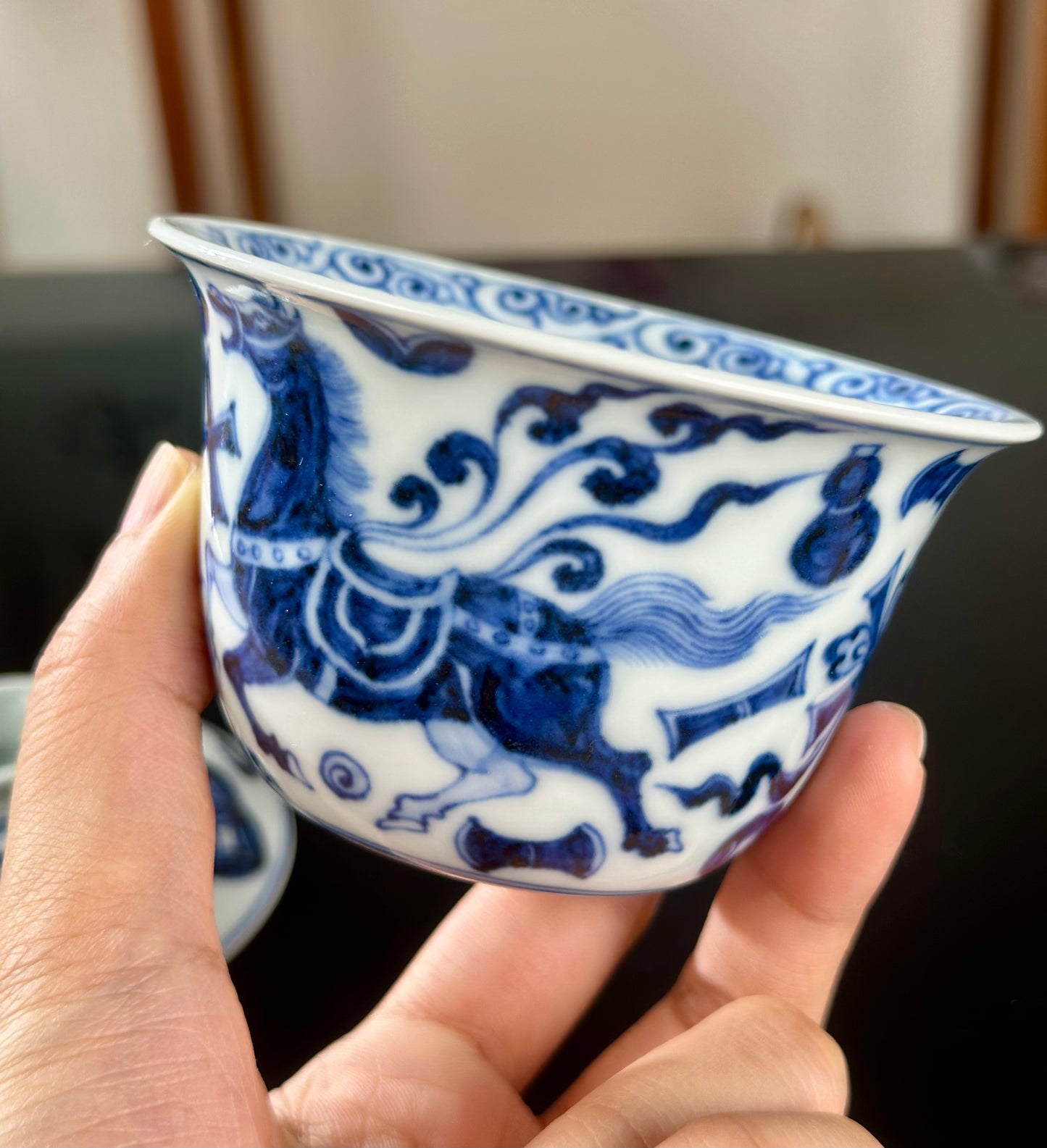 Handpainted Chinese Horse Pattern Blue White Porcelain Jingdezhen Gaiwan Teapot