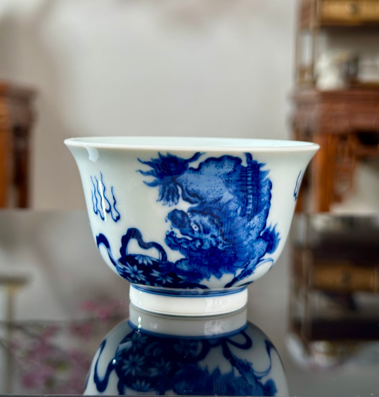 Handpainted Chinese Lion Pattern Blue White Porcelain Jingdezhen Gaiwan Teapot
