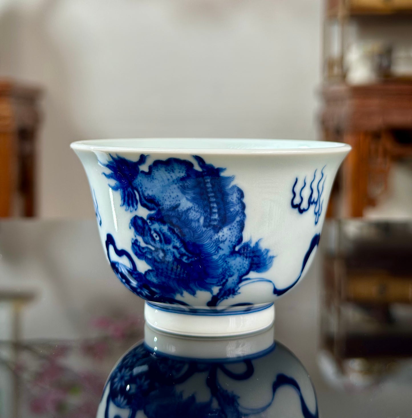 Handpainted Chinese Lion Pattern Blue White Porcelain Jingdezhen Gaiwan Teapot