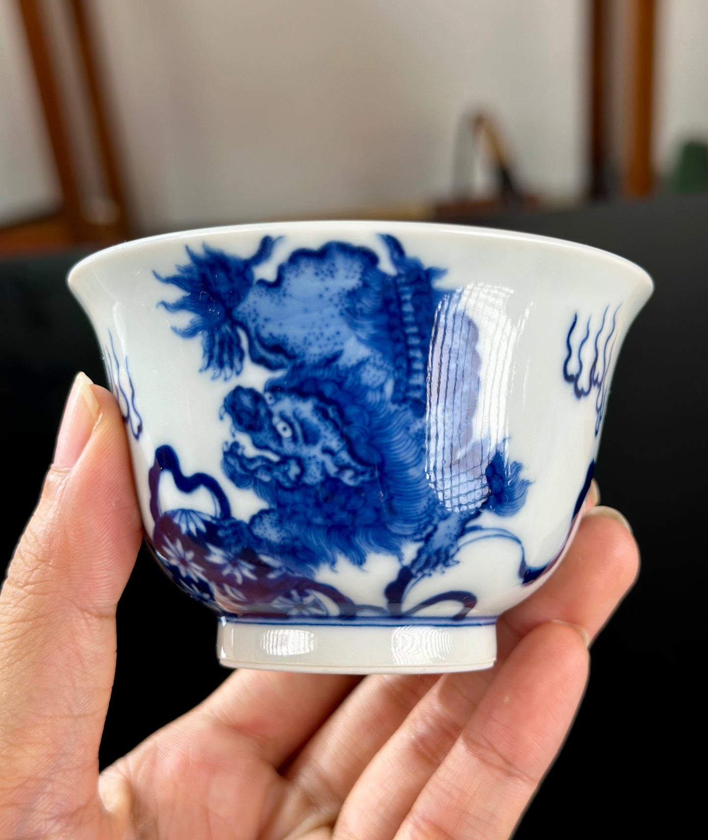 Handpainted Chinese Lion Pattern Blue White Porcelain Jingdezhen Gaiwan Teapot