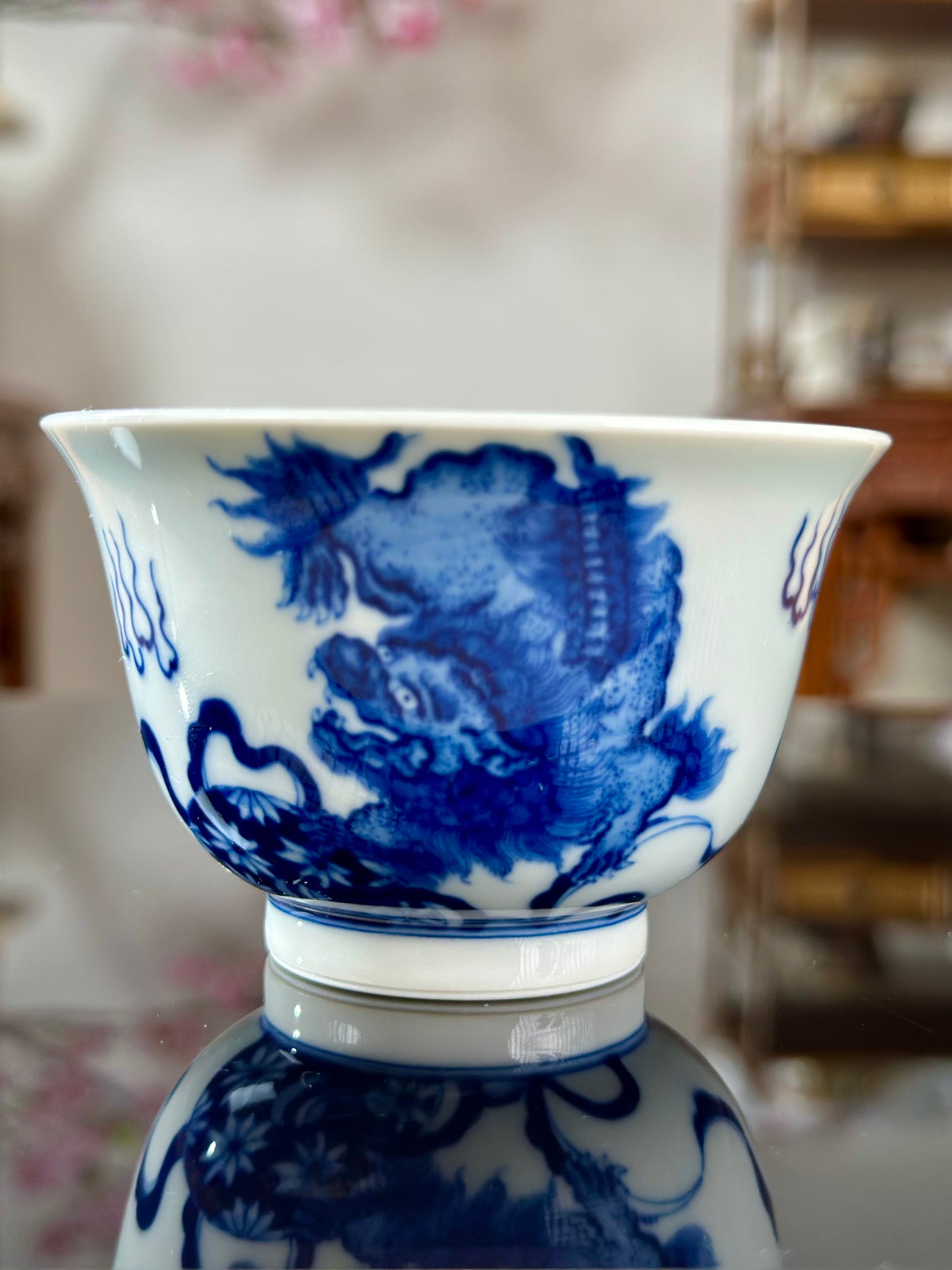 Handpainted Chinese Lion Pattern Blue White Porcelain Jingdezhen Gaiwan Teapot