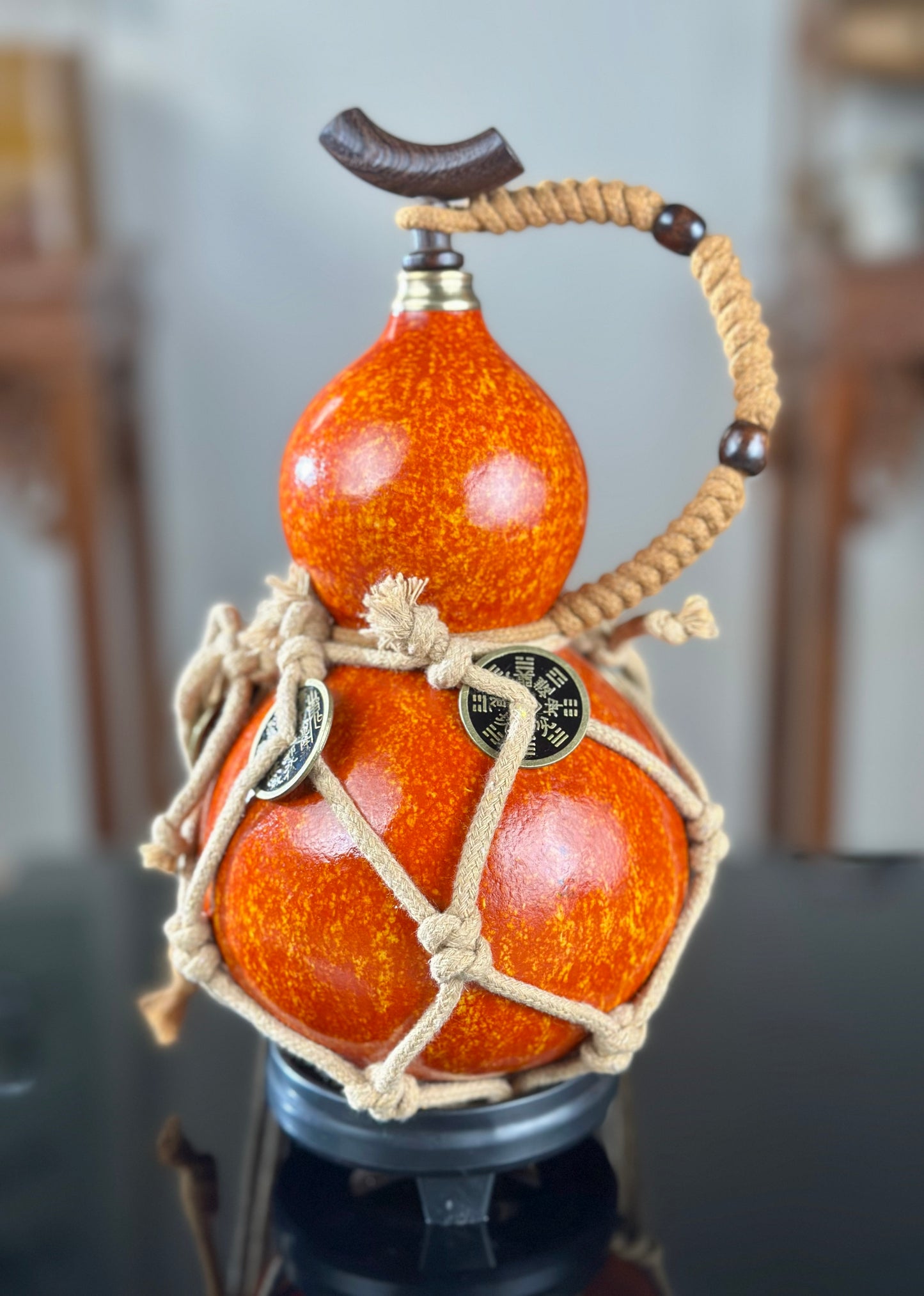 Hand dyed Orange Chinese Lacquerware Hulu Natural Gourd Water Tea Container  Fengshui Classical Home Decor
