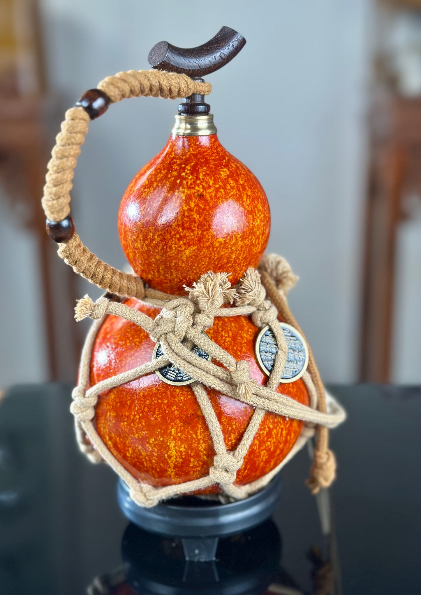 Hand dyed Orange Chinese Lacquerware Hulu Natural Gourd Water Tea Container  Fengshui Classical Home Decor