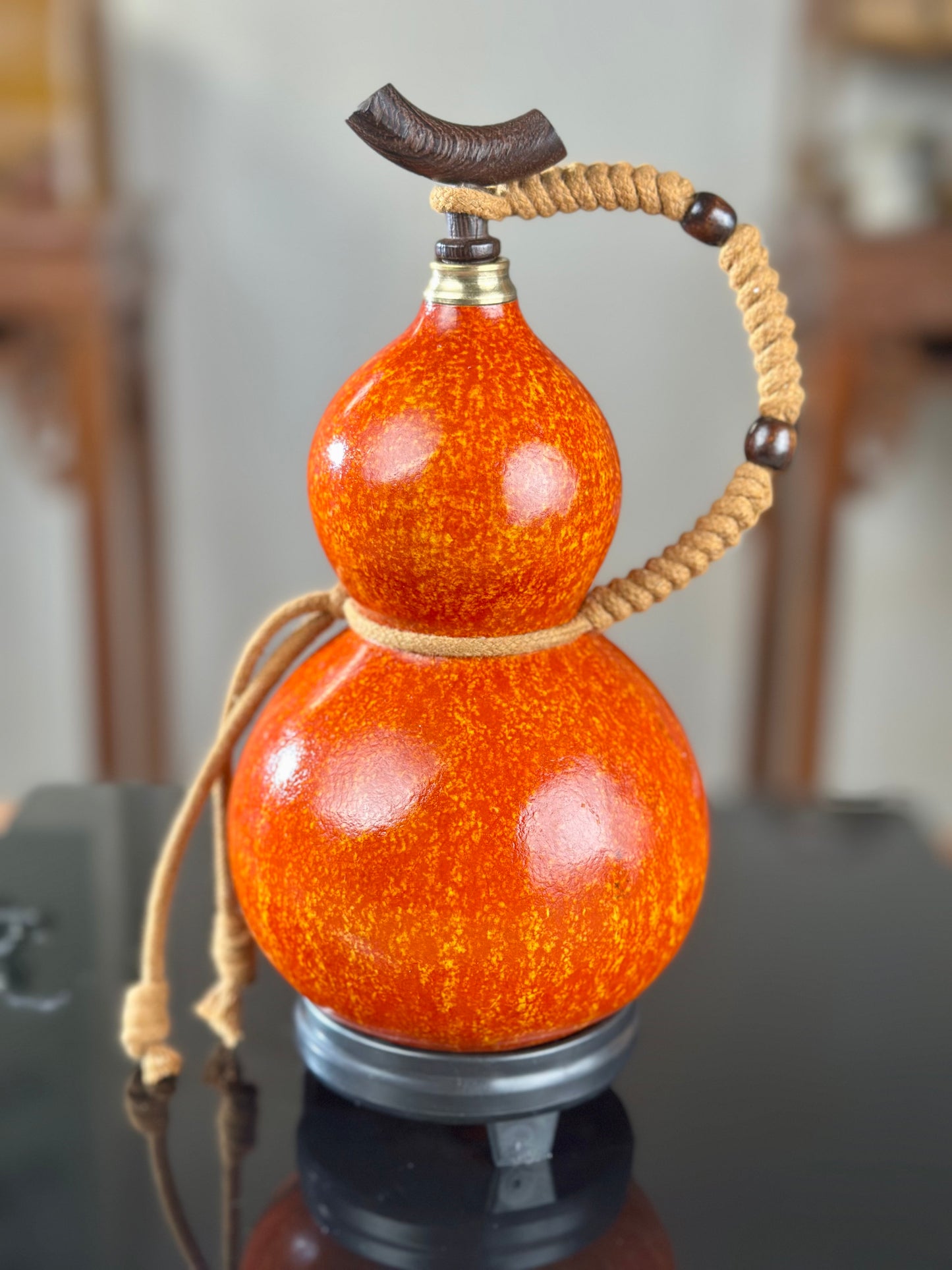 Hand dyed Orange Chinese Lacquerware Hulu Natural Gourd Water Tea Container  Fengshui Classical Home Decor