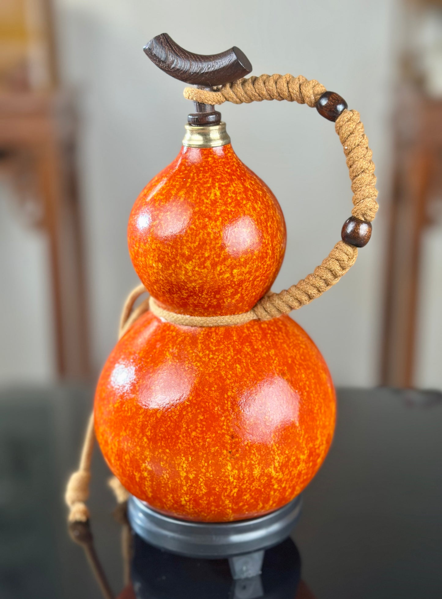 Hand dyed Orange Chinese Lacquerware Hulu Natural Gourd Water Tea Container  Fengshui Classical Home Decor