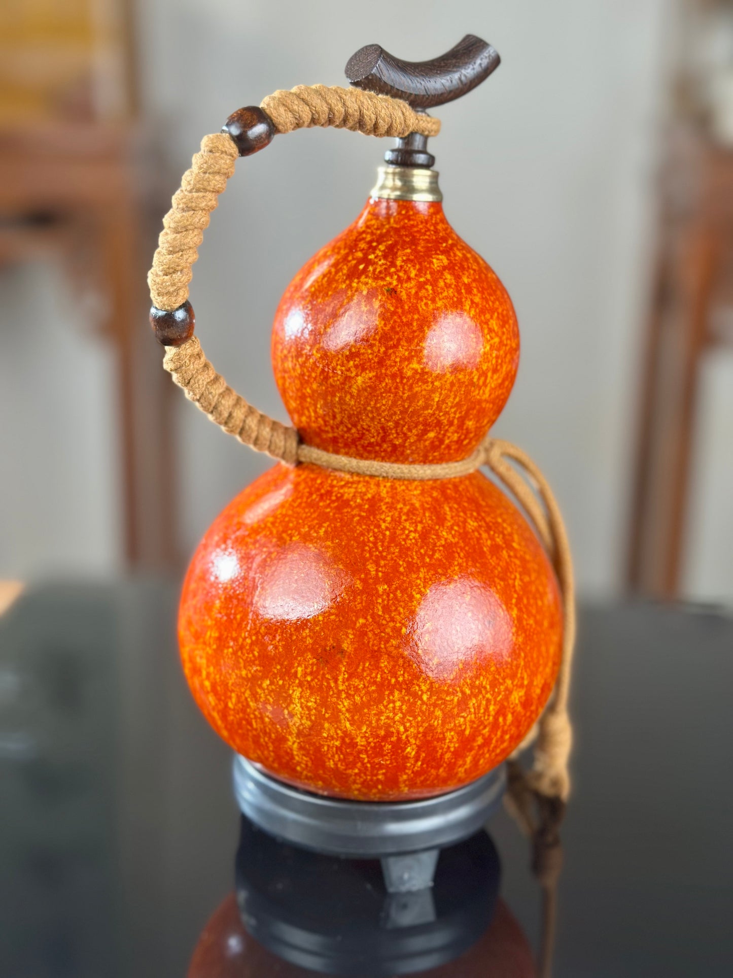 Hand dyed Orange Chinese Lacquerware Hulu Natural Gourd Water Tea Container  Fengshui Classical Home Decor