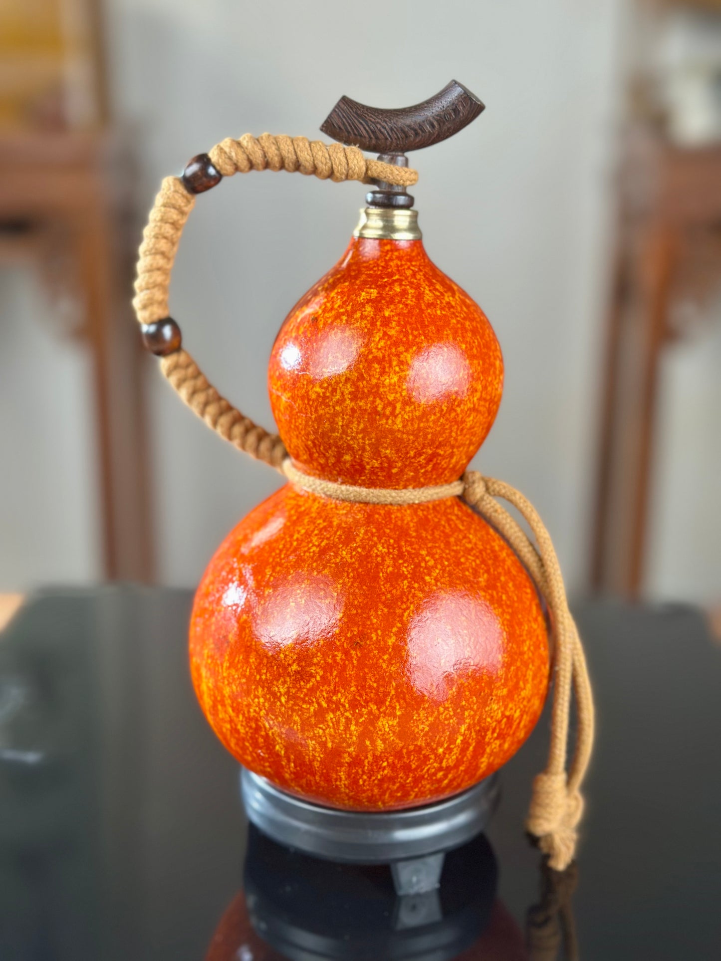 Hand dyed Orange Chinese Lacquerware Hulu Natural Gourd Water Tea Container  Fengshui Classical Home Decor