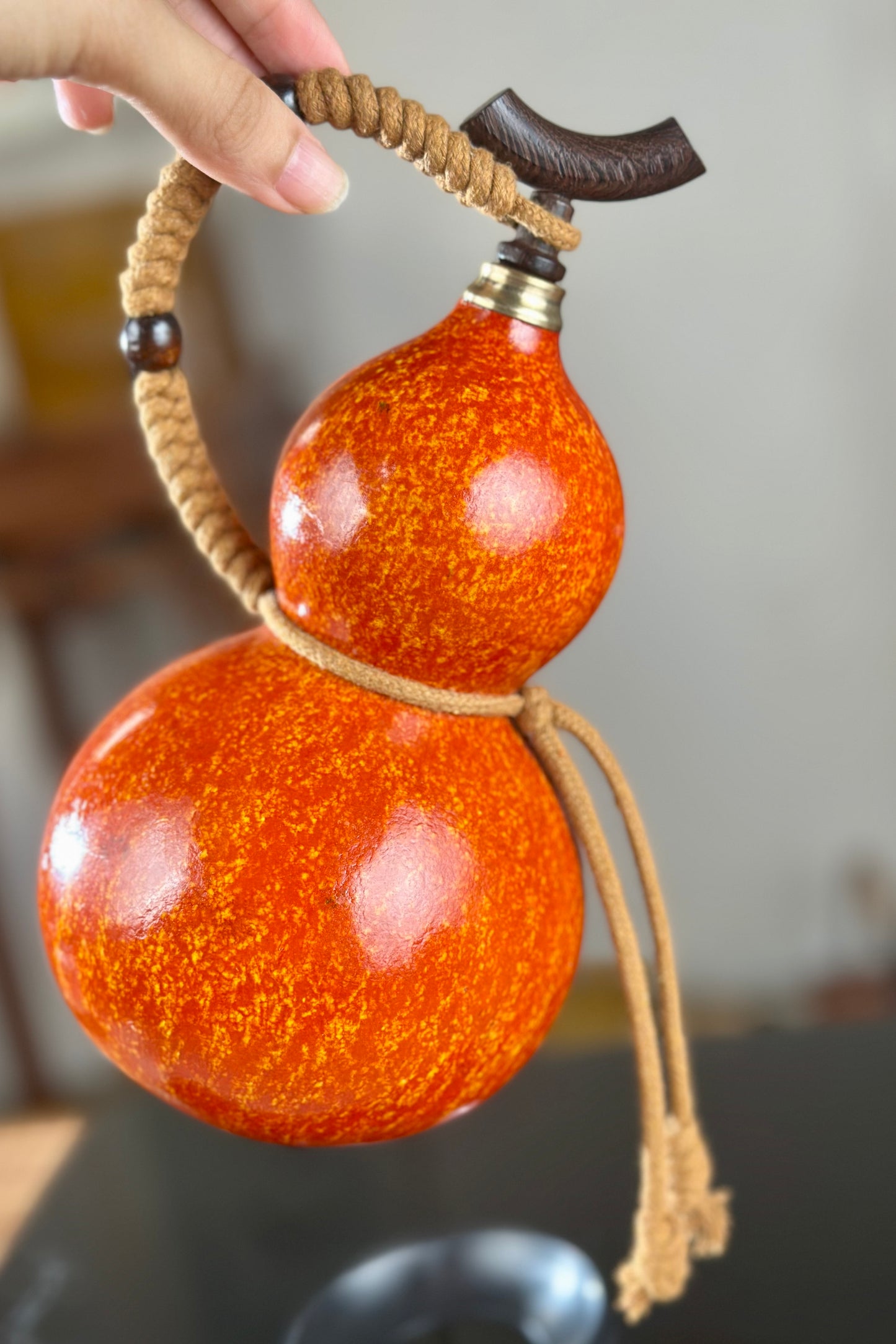 Hand dyed Orange Chinese Lacquerware Hulu Natural Gourd Water Tea Container  Fengshui Classical Home Decor