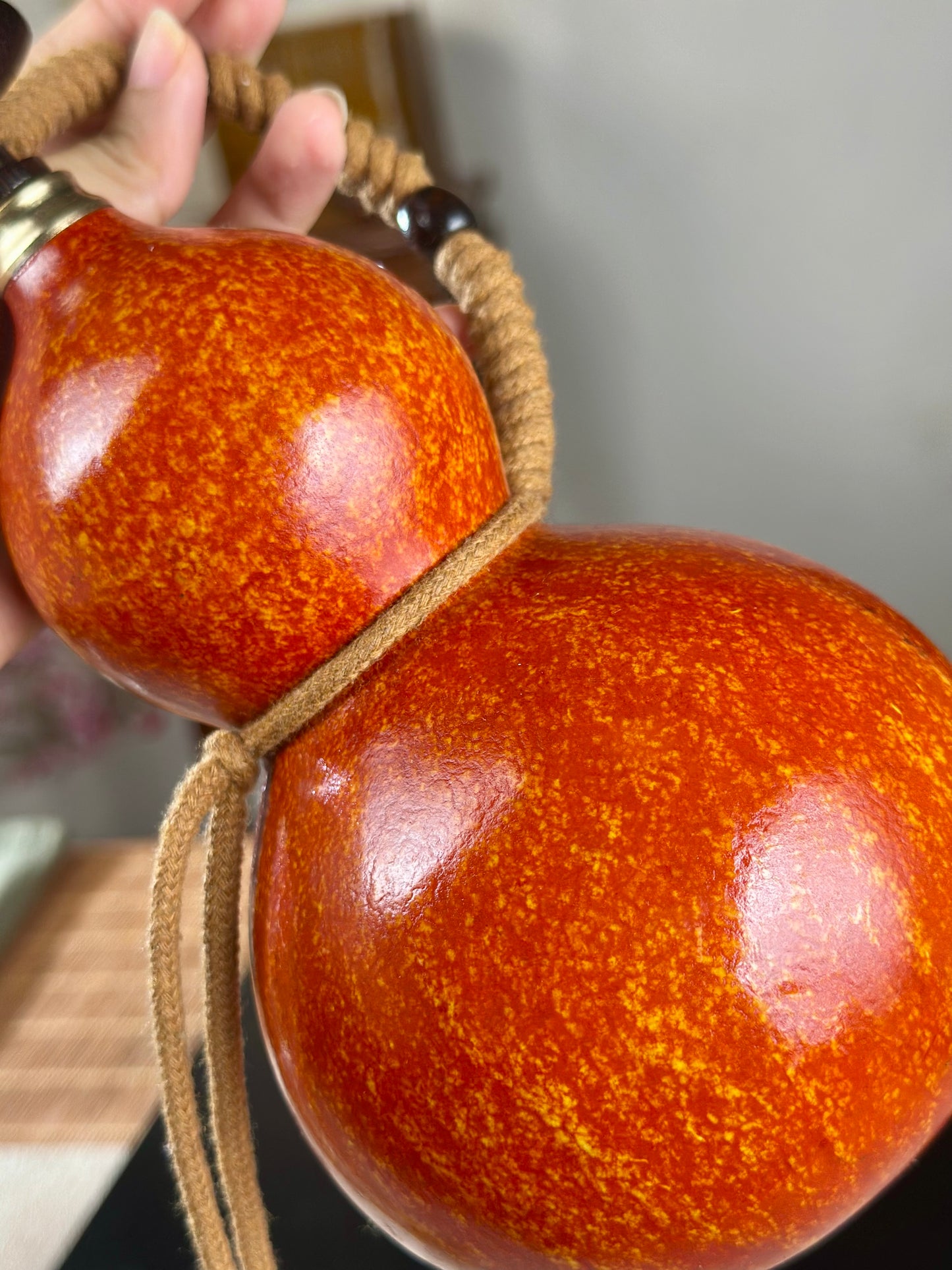 Hand dyed Orange Chinese Lacquerware Hulu Natural Gourd Water Tea Container  Fengshui Classical Home Decor